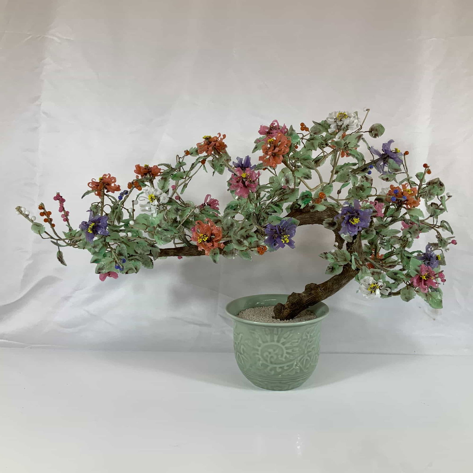 Chinese Jade Art Glass Flowering Bonsai Tree in Celadon Porcelain Pot (1 of 4)