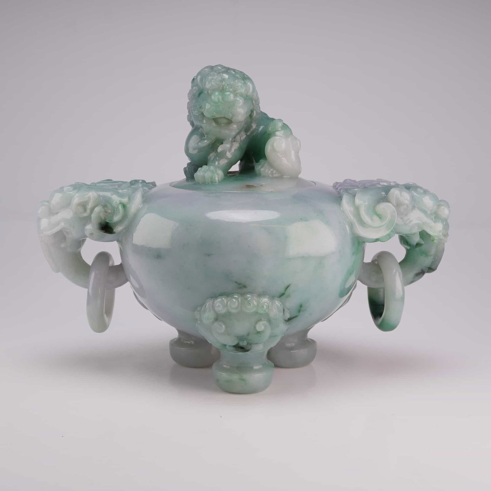 Jadeite Tripod Censer, Buddhist Lion Finial and Handles (1 of 3)