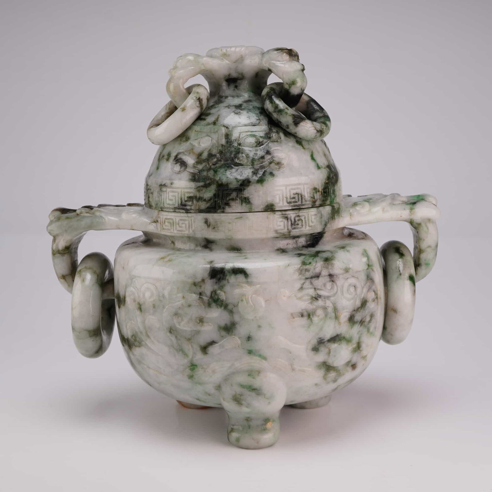 Jadeite Tripod Censer, Taotie Mask Design, Areas Moss Green (1 of 3)