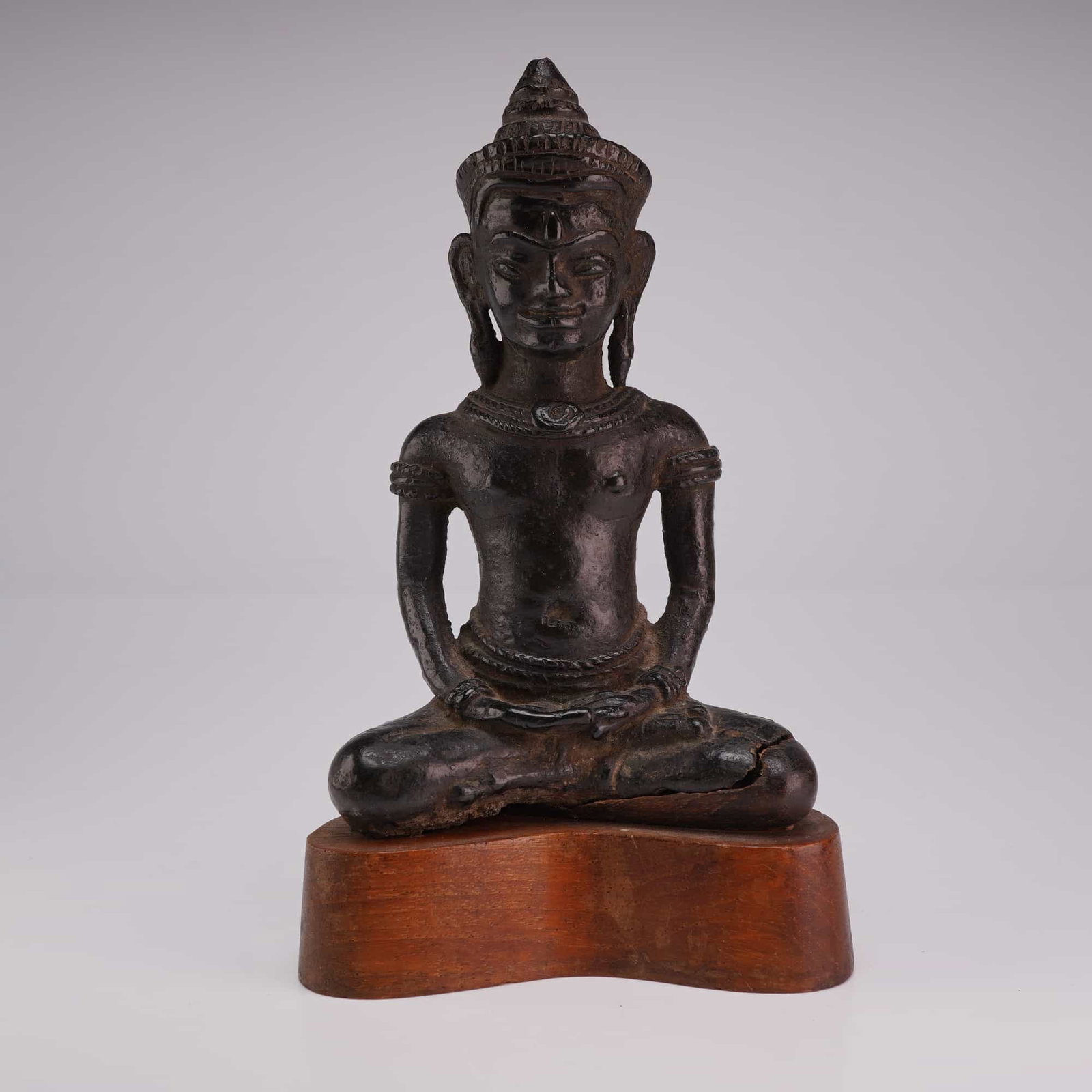 Khmer Seated Bronze Figure on Wood Base (1 of 3)