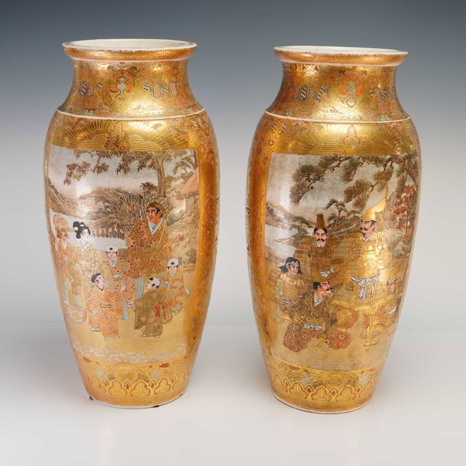 Pair of Japanese Large Satsuma Vases, Samurai and Villagers (1 of 3)