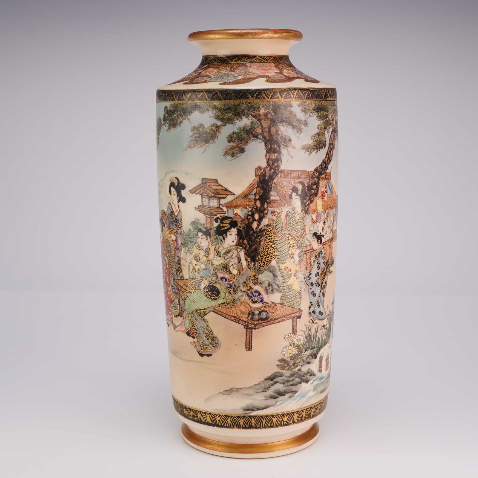 Japanese Satsuma Cylindrical Vase, Maidens in Garden (1 of 3)