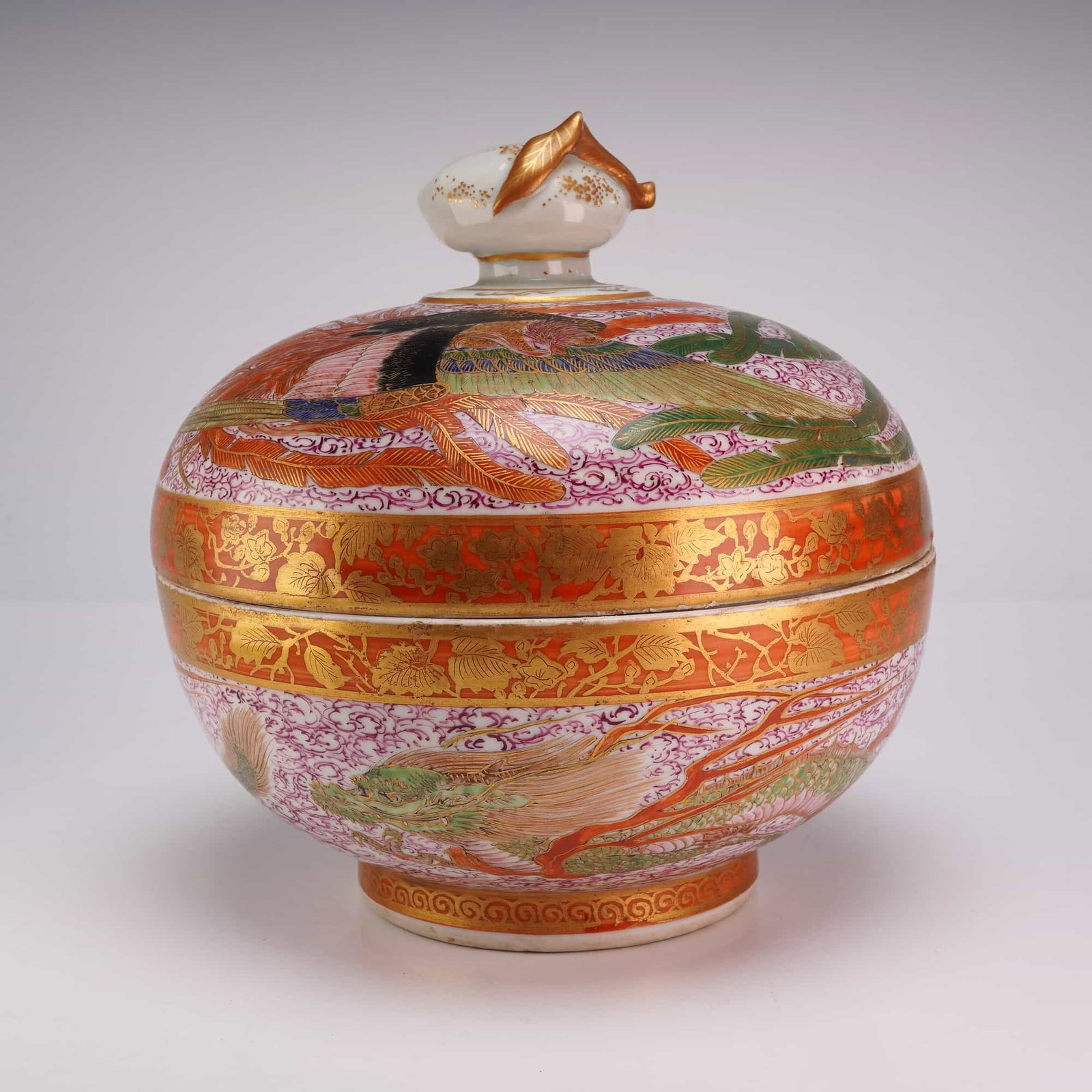 Japanese Porcelain Covered Box, Phoenix and Dragon, Peach Finial (1 of 3)