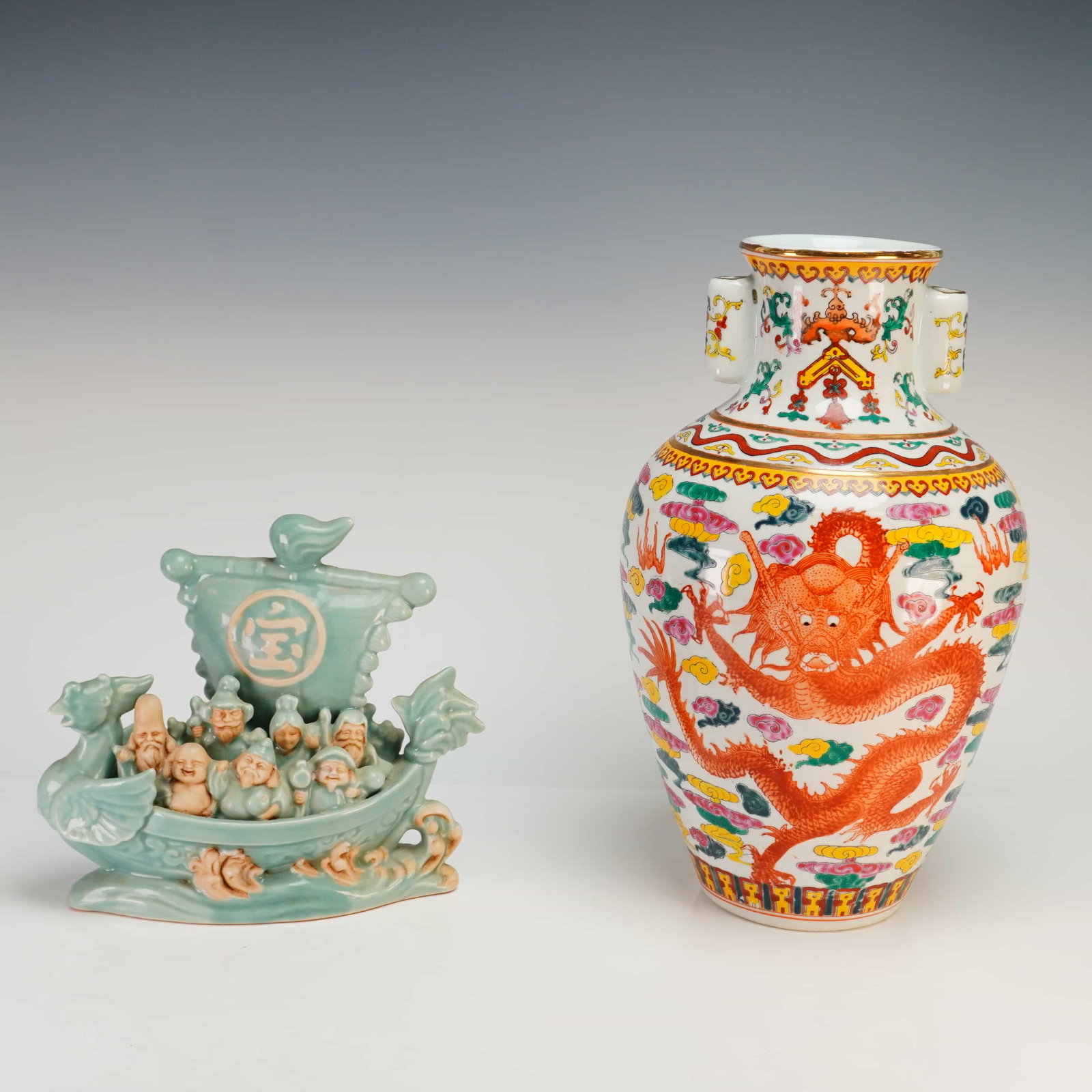 Two Asian Ceramic Items Including a Japanese Celadon Figurine and a Polychrome Dragon Vase (1 of 3)