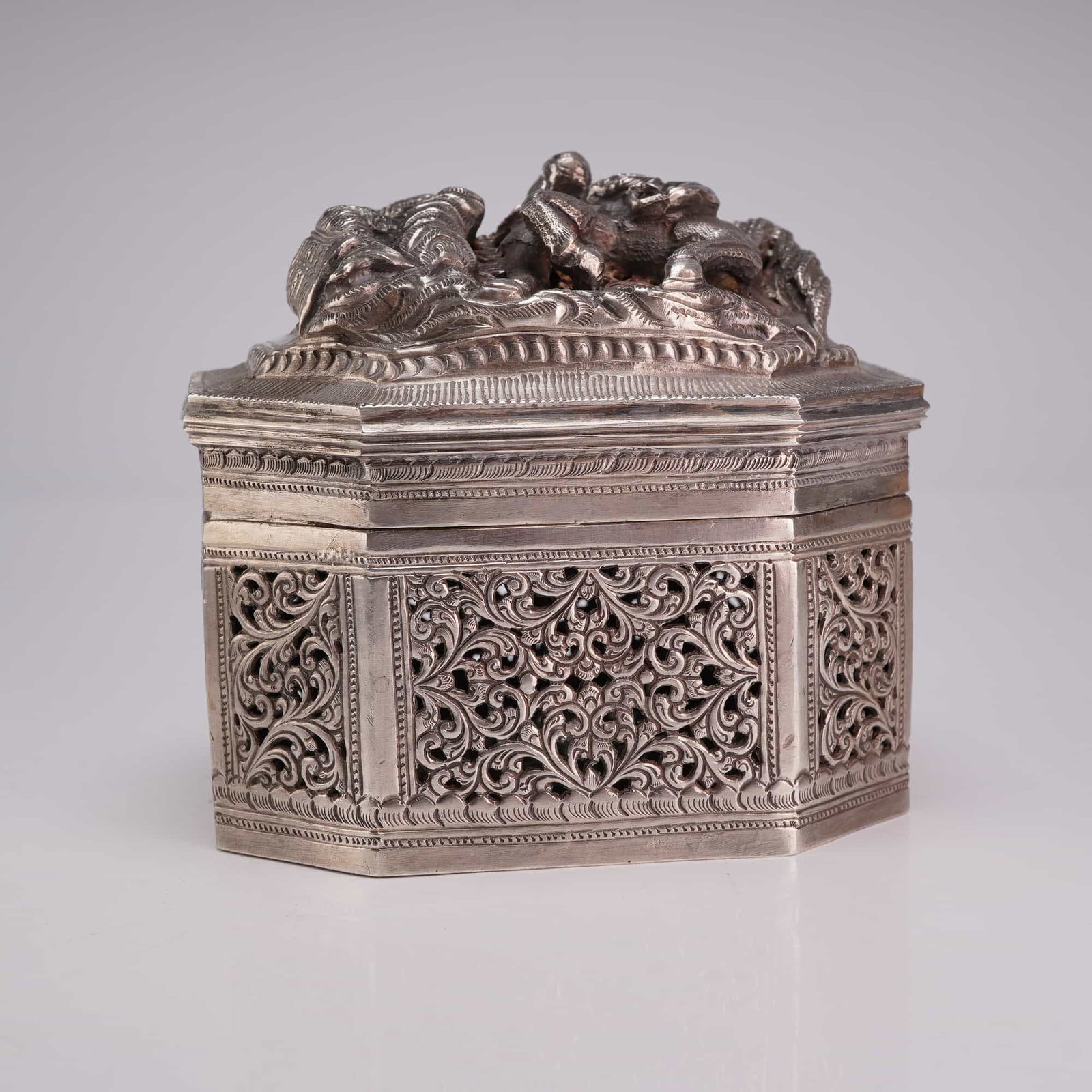 Burmese Silver Octagonal Box, High Relief Figures and Horse (1 of 4)