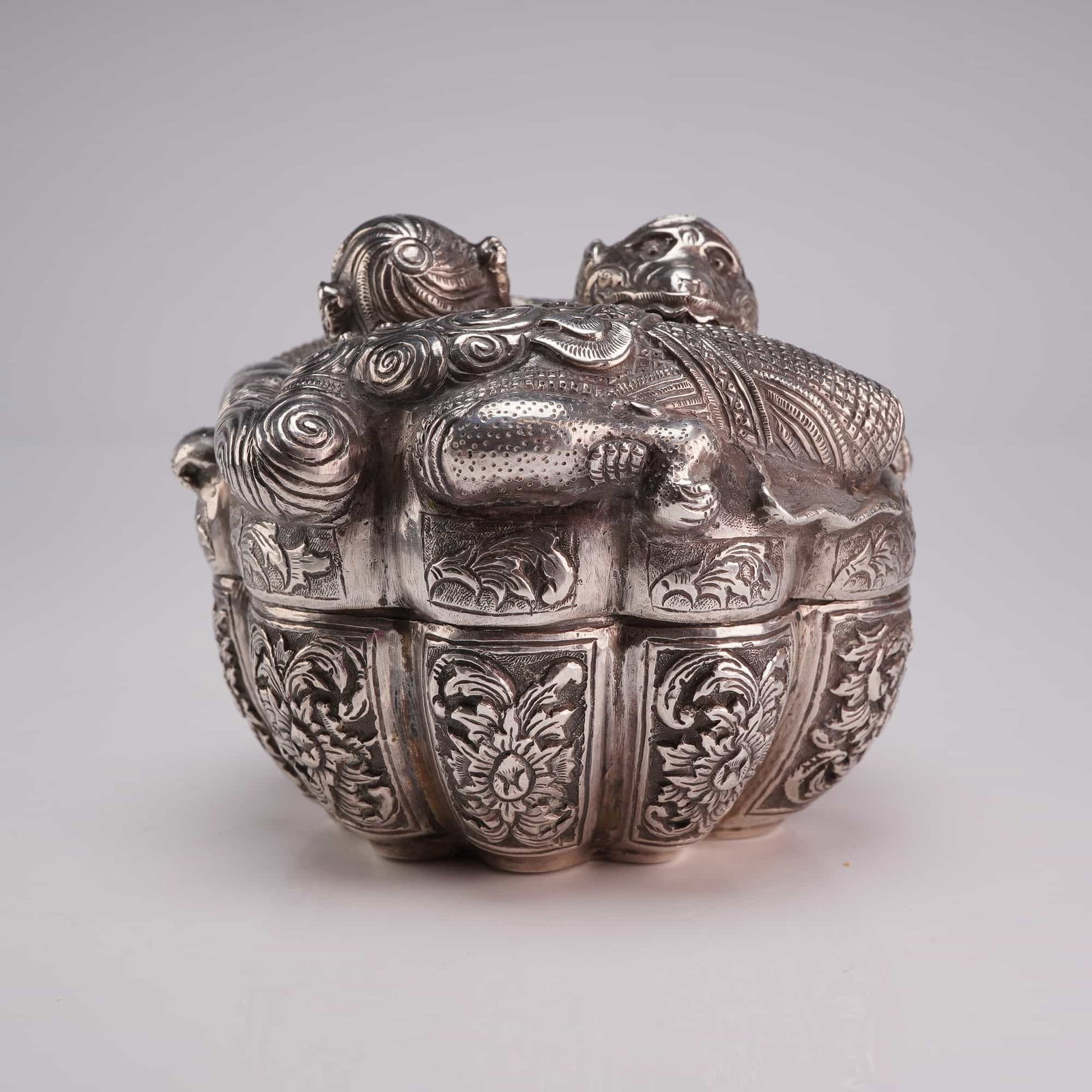 Cambodian Silver Box, High Relief Vanaras Figures, Stamped Marks (1 of 3)