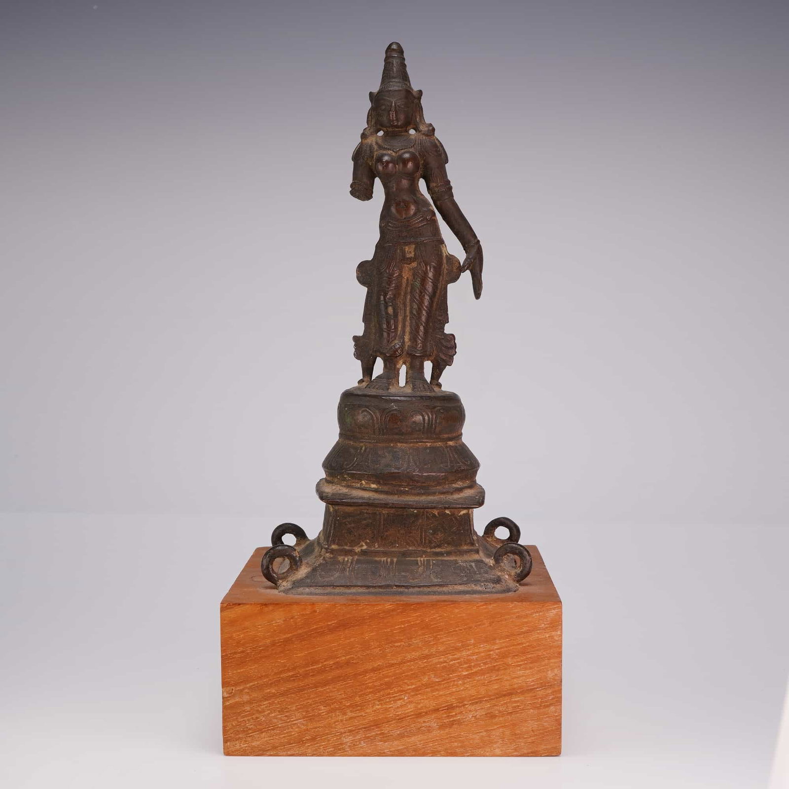 Indian Bronze Female Deity on Lotus Base, Wood Block Stand, Ex-Honolulu Collection (1 of 5)