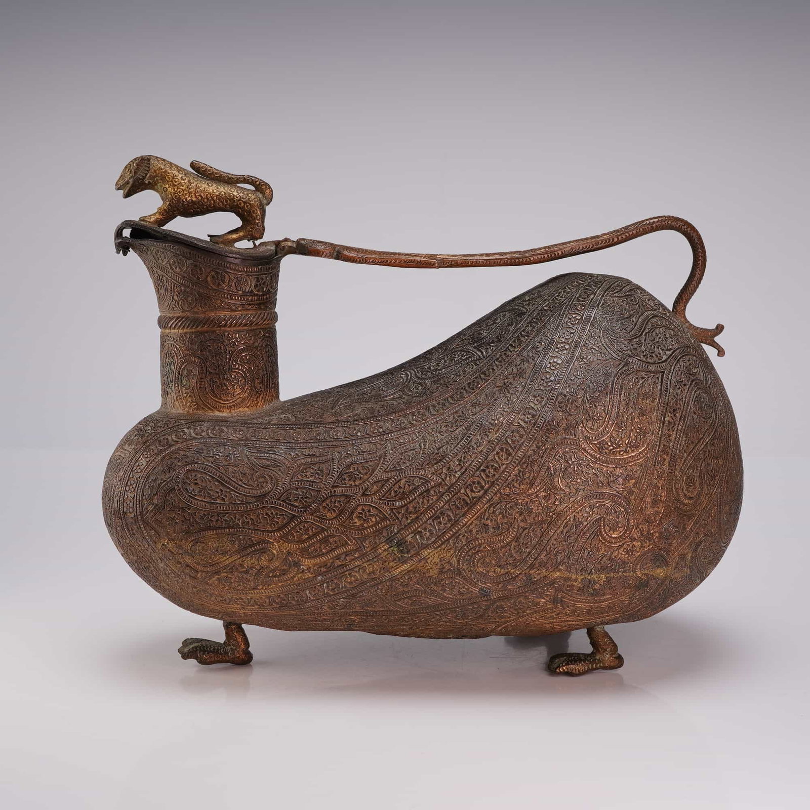 Indian Gilt Bronze, Zoomorphic Ewer, Leopard Finial (1 of 3)