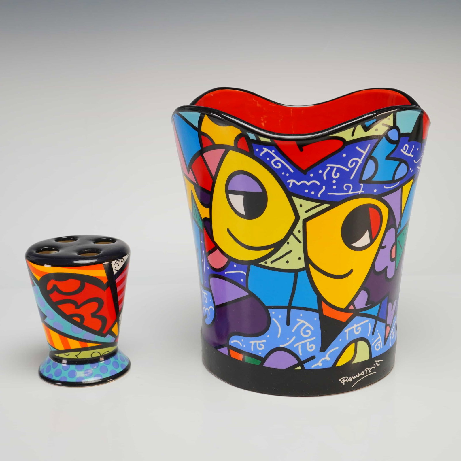 2pc Romero Britto for Giftcraft A New Day Pattern Ceramic Trash Can and Toothbrush Holder (1 of 4)