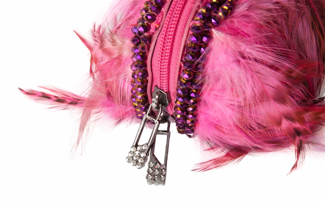 Irene Marie Angel Bag, Jenn Precious Petite Leather Evening: One-of-a-kind, unique creation, A couture fuchsia patent leather Precious evening bag with hot pink and brown Hackle feathers. Lined in black satin rayon. Handles made from purple 10mm x 12mm crystals