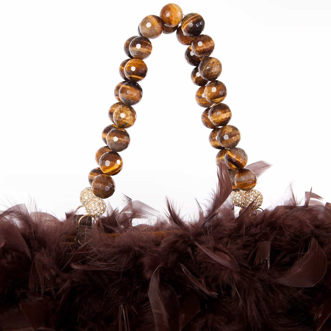 Irene Marie Angel Bag, Mary Precious Grande: One-of-a-kind, unique creation, couture caramel brown precious handbag with cocoa brown chandelle feathers and a tiger eye agate handle. Lining Caramel brown silk rayon. Handle Tiger eye agate 16mm x