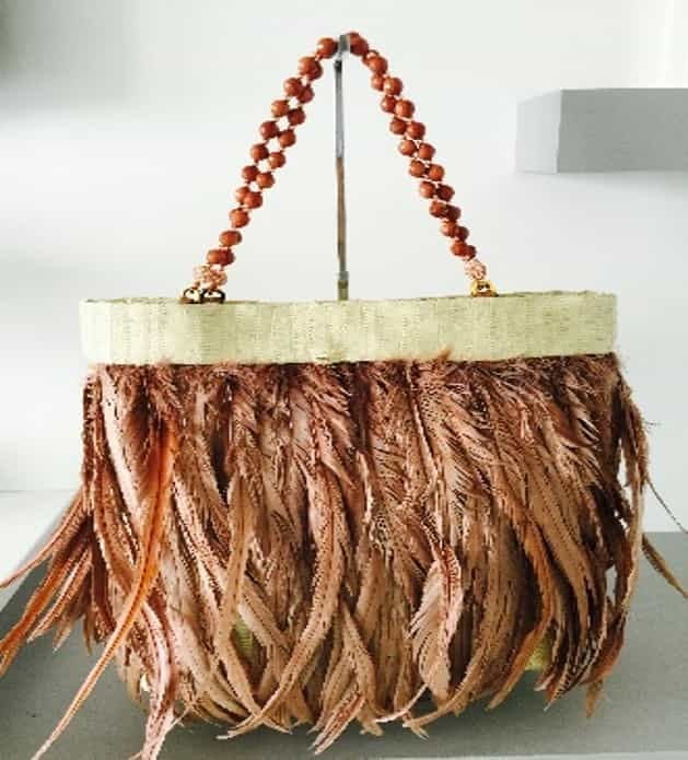 Irene Marie Angel Bag, Mary Precious Grande Leather: One-of-a-kind, unique creation, raffia taupe outer with taupe crepe satin lining, 14 inch taupe coque feathers, 14mm aventurine sphere handle with pink gold pave spheres and pink gold tone separators,