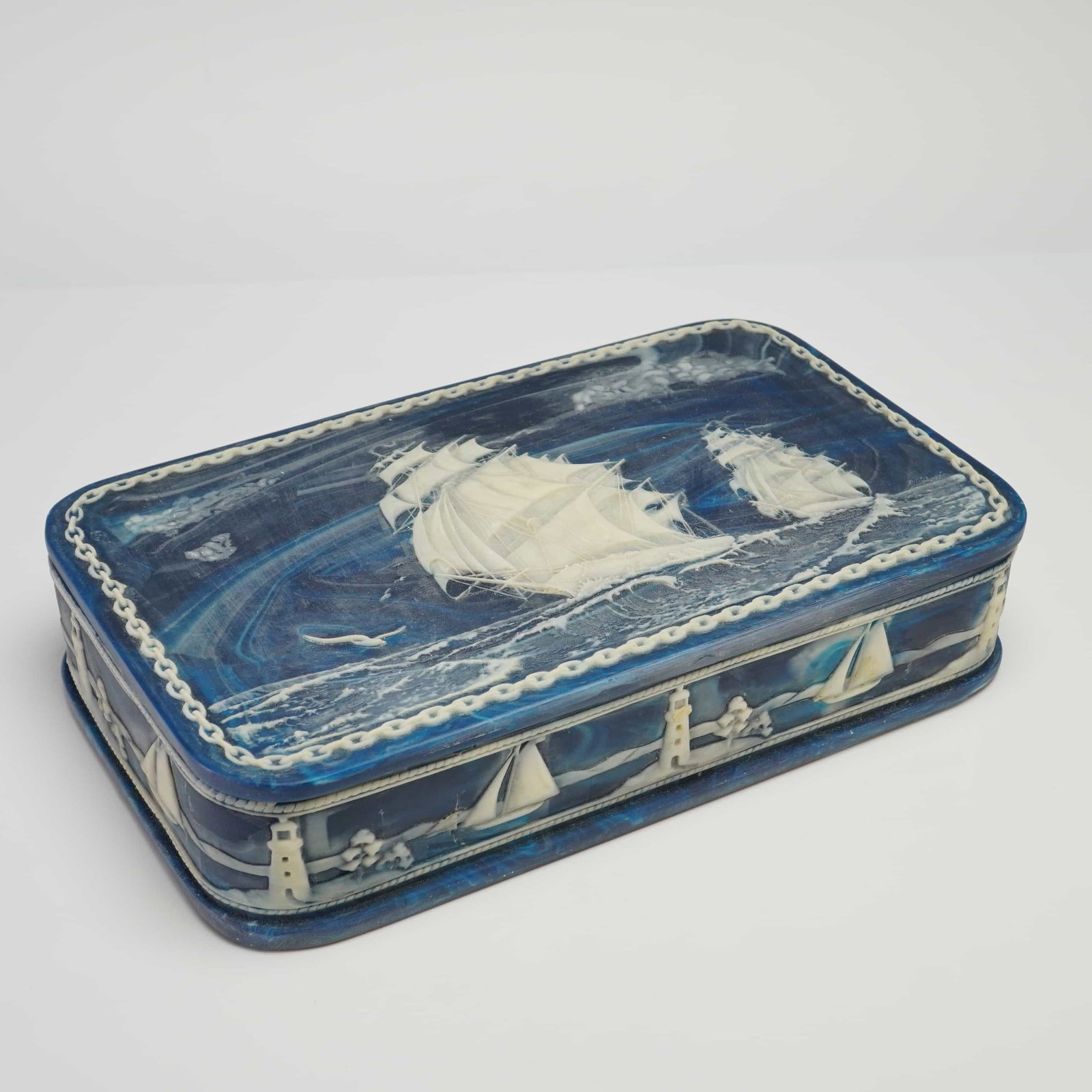 Genuine Incolay Stone Nautical Blue Marbled Men's Jewelry Box with Clipper Ships (1 of 5)
