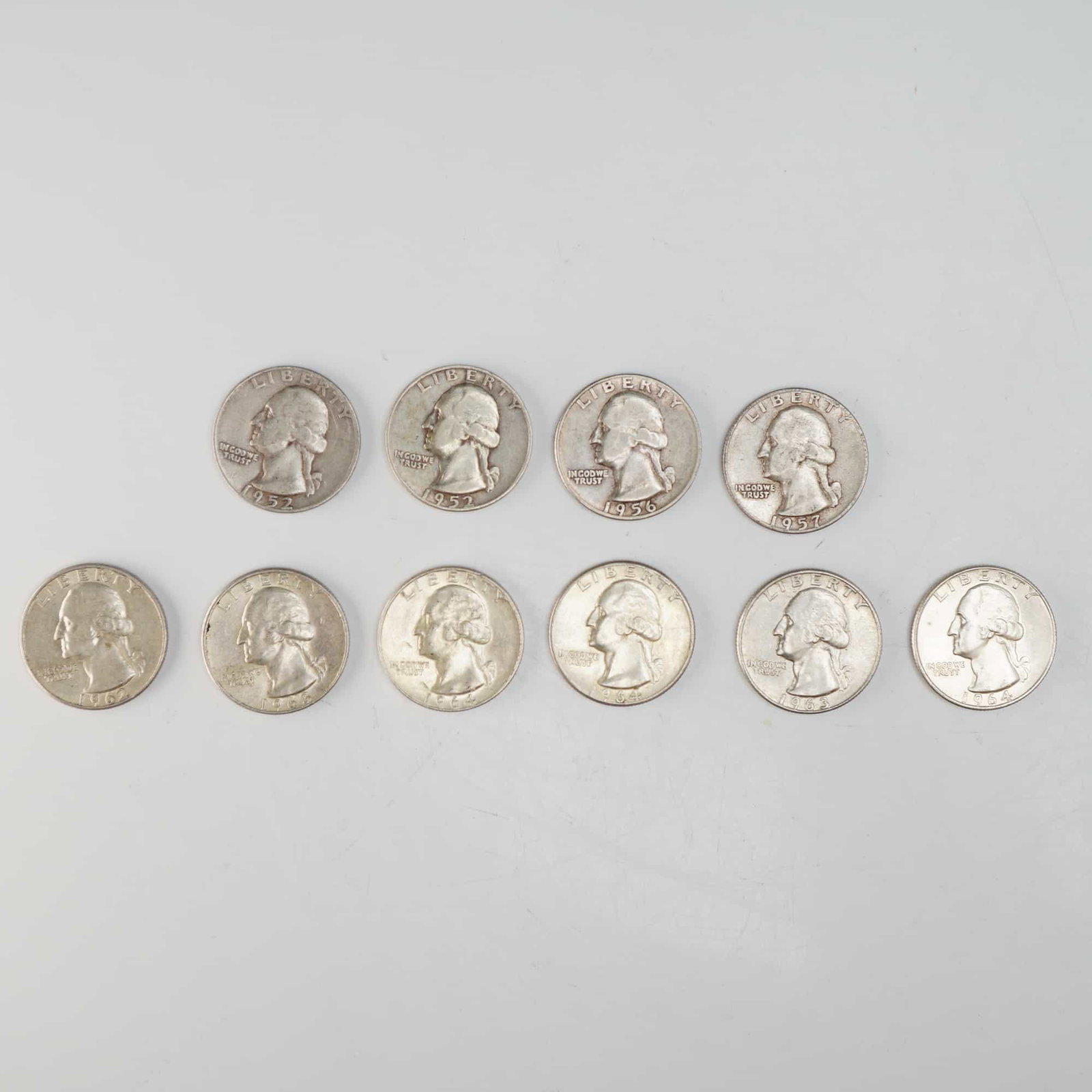 1952,1956,1957,1963,1964 Ten Washington Silver Quarter Circulated Coins (1 of 2)