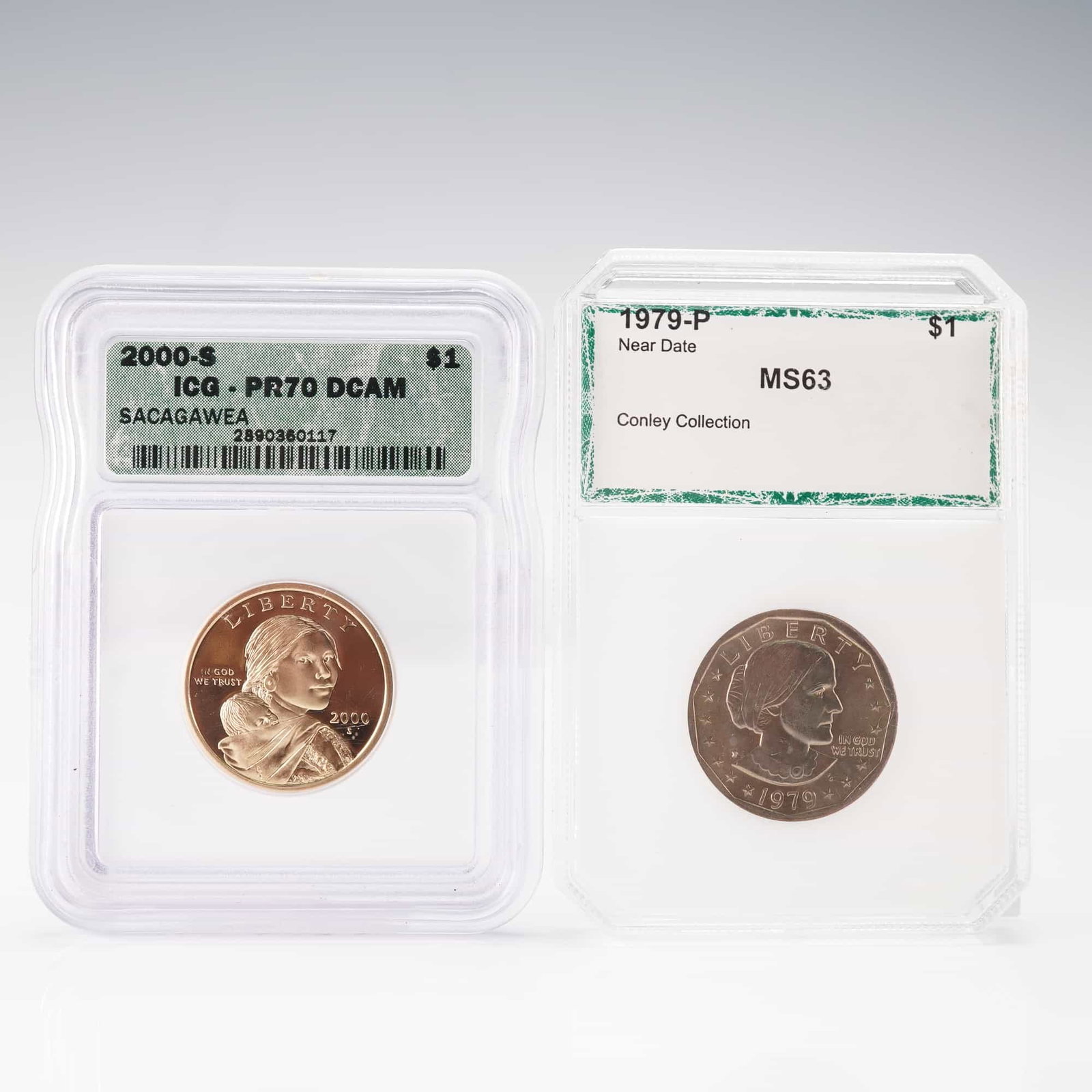 2pc US 2000-S Sacagawea & 1979-P SBA Dollar Coins, Graded Set (1 of 2)