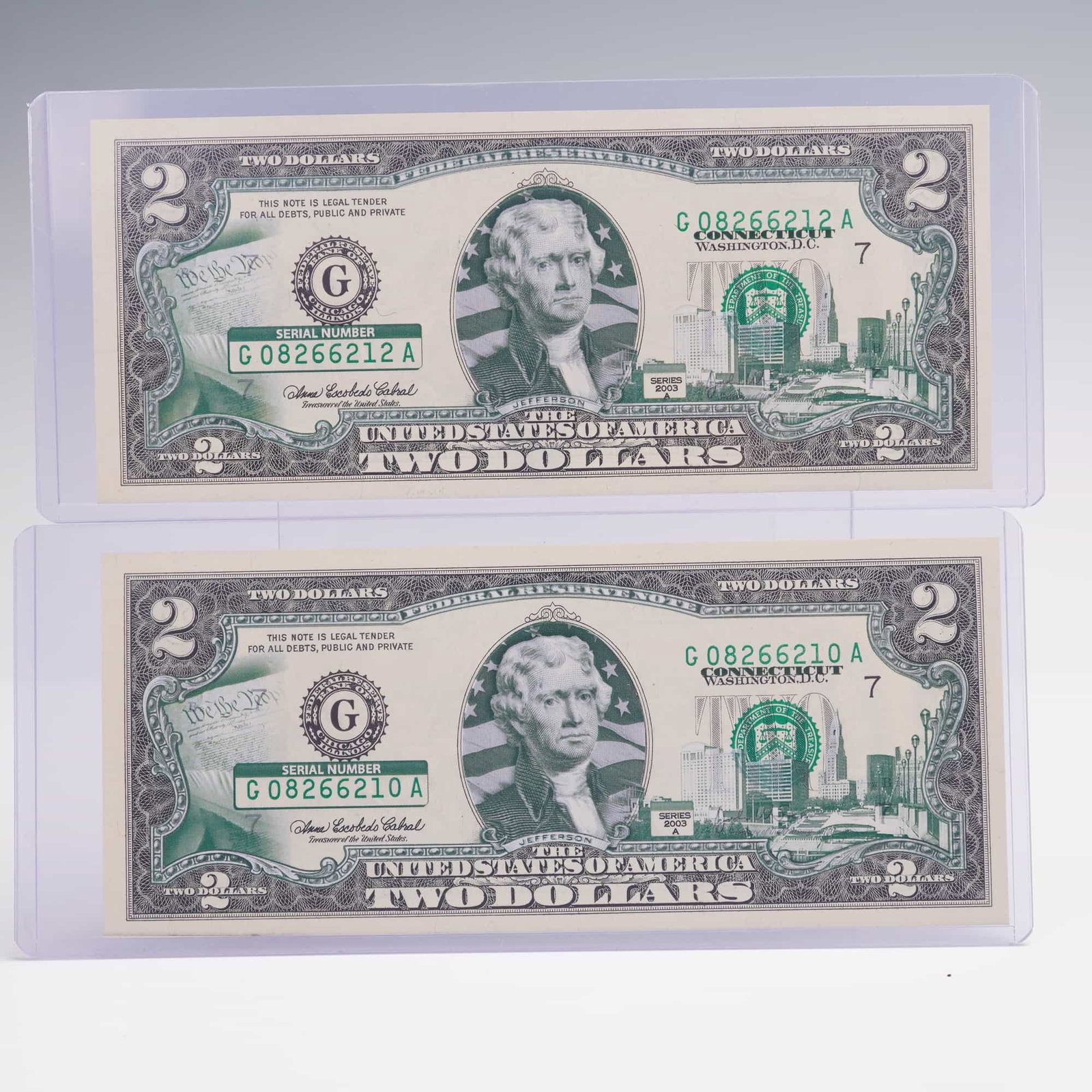 2pc 2003 United States Aftermarket Colorized $2 Federal Reserve Notes (1 of 5)