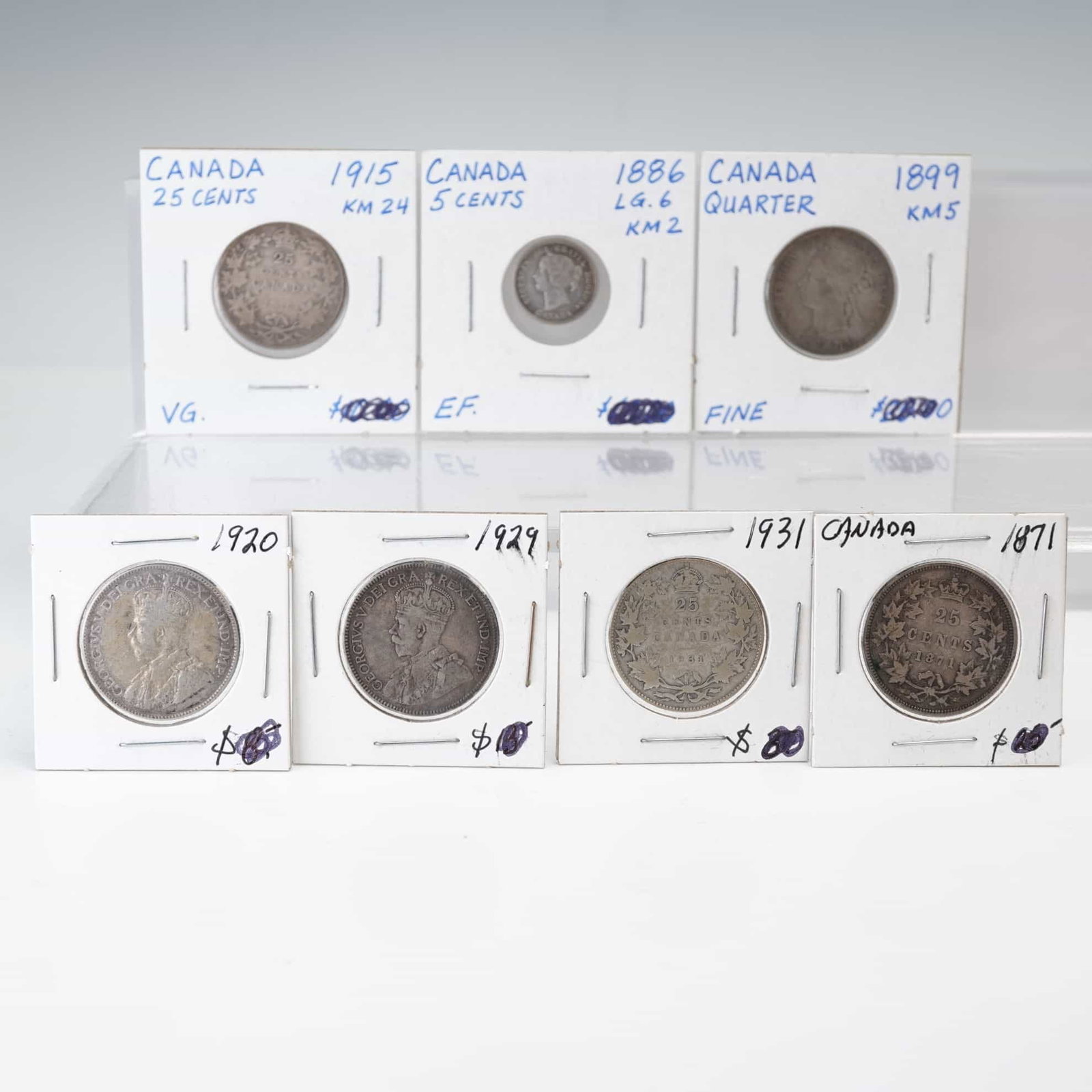 7pc Canadian 1871 to 1931 25 Cent & 1865 Cent Coins (1 of 8)