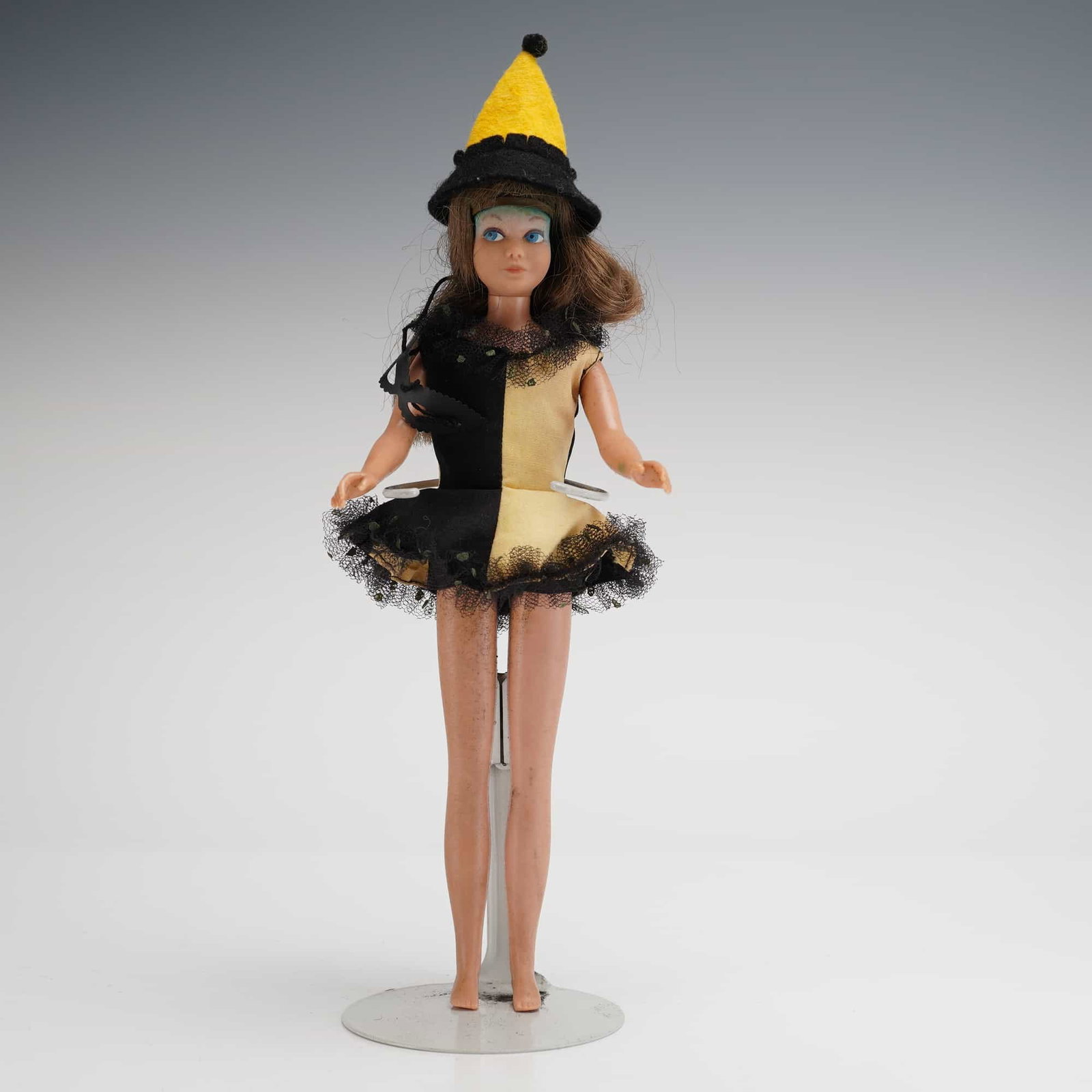 Mattel Skipper Masquerade Party Outfit Doll: A vintage Mattel Skipper fashion doll wearing the Masquerade Party outfit, catalog number 1903, typically dating from 1964-1965. The doll features a plastic or vinyl body with rooted brown hair and pa