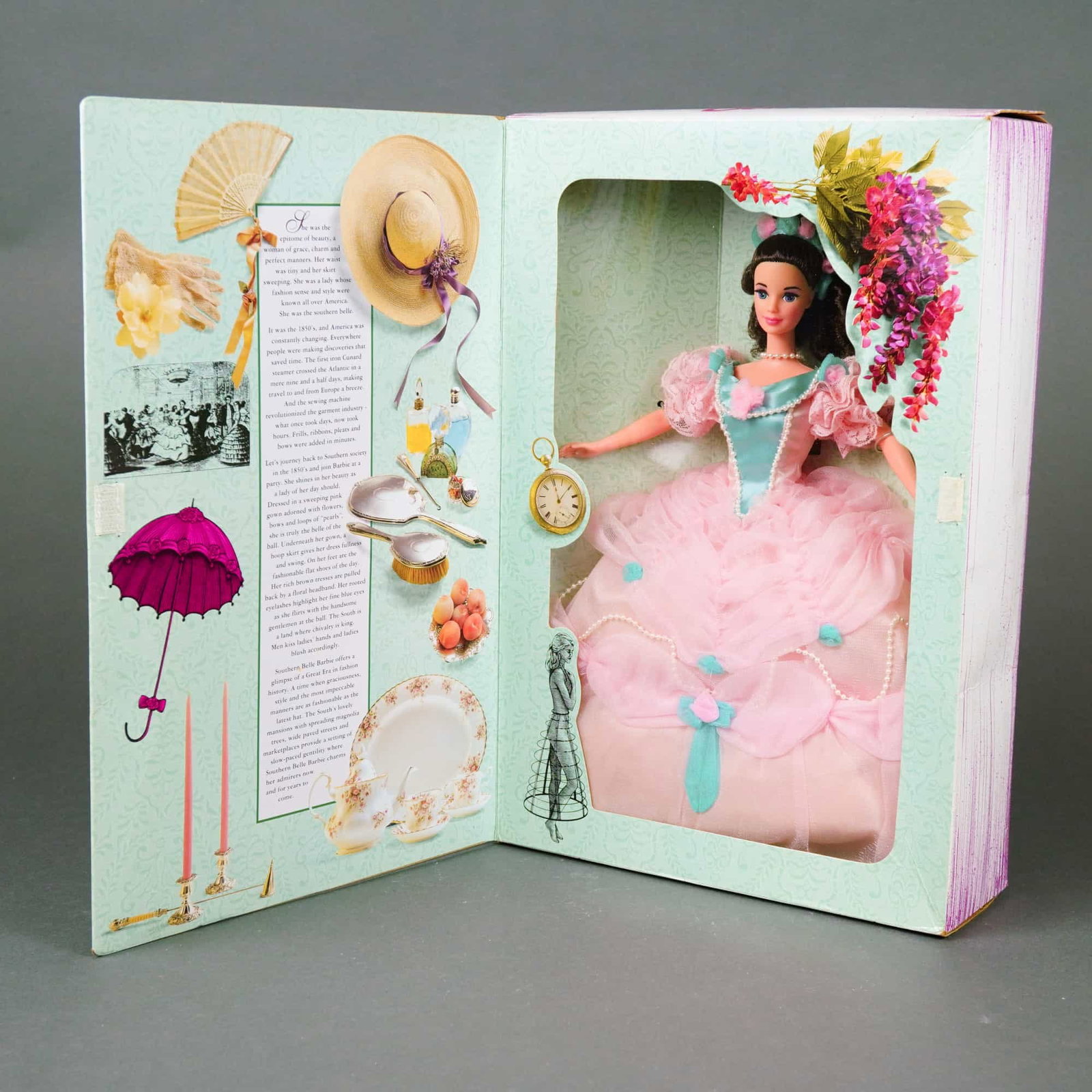 Mattel, 1850's Southern Belle Barbie Doll, 11.5 Inches: Manufactured by Mattel, Inc., this vinyl fashion doll is Volume Four of The Great Eras Collection. The doll features 1993 maker marks and Item No. 11478. Features include rooted dark brown synthetic h