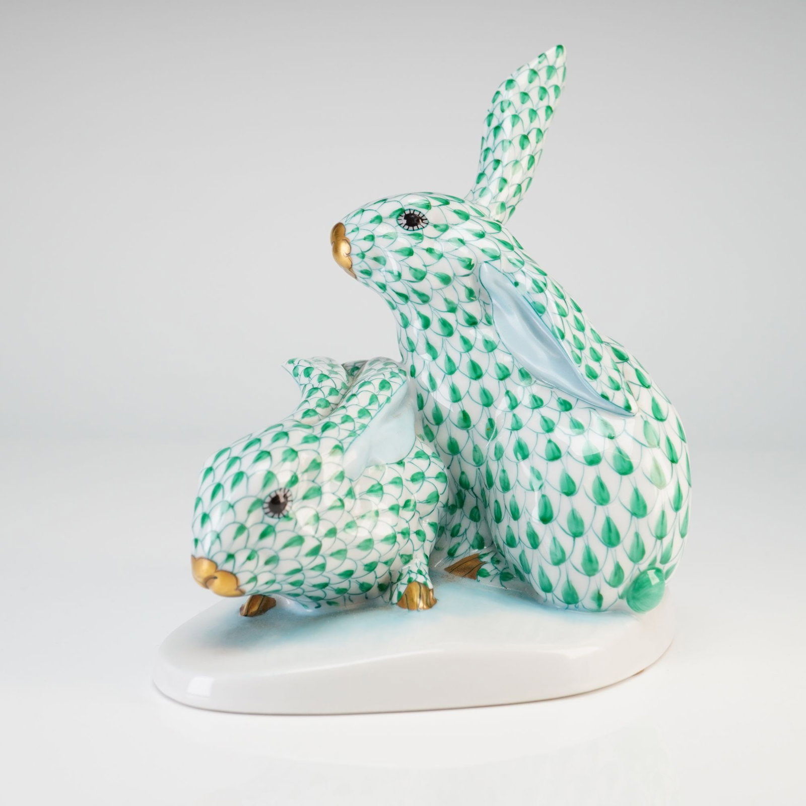 Herend Green Porcelain Figurine, Two Rabbits (1 of 3)