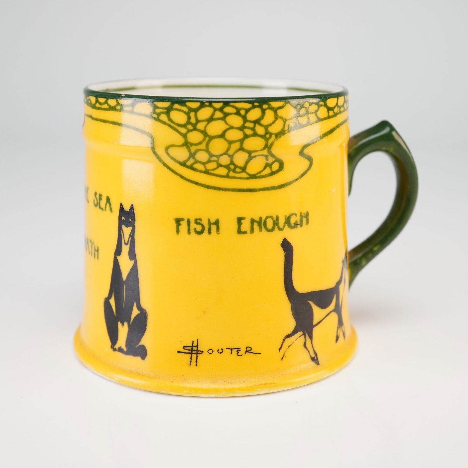 Royal Doulton by David Henry Souter Kateroo Series Ware Cup, Be Content the Sea Hath Fish Enough: A Royal Doulton glazed earthenware cup from the Souter Cats series ware line, designed by artist David Henry Souter. The cylindrical form features a slightly flared base and a simple D-shaped handle. 