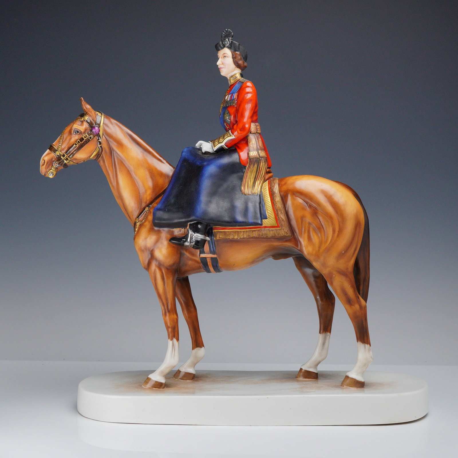Michael Sutty Porcelain Hand-Painted Figure, Queen Elizabeth II on Horse 1977 Silver Jubilee (1 of 4)