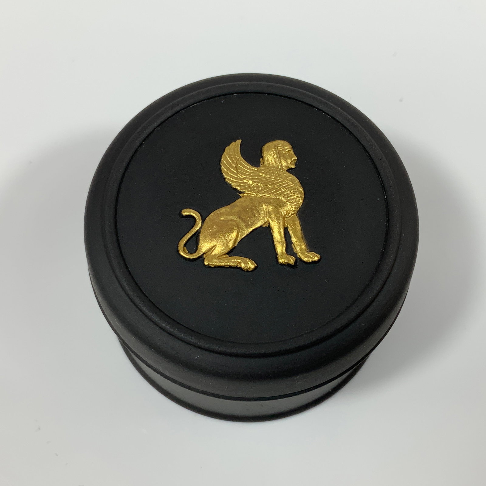 Wedgwood Gilded Black Basalt Egyptian Sphinx Miniature Round Trinket Box (1 of 3)
