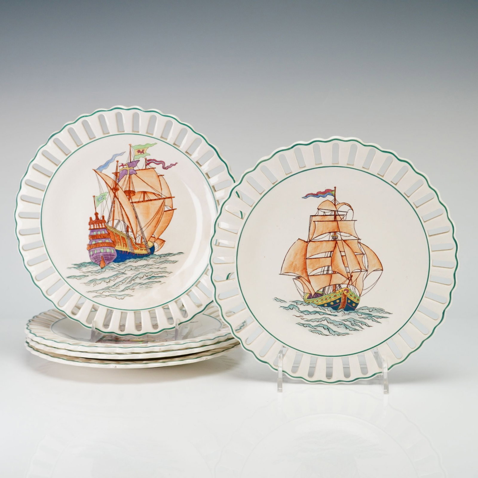 Set of Five Wedgwood Etruria Pierced Maritime Ship Plates from The Rubin Collection (1 of 3)