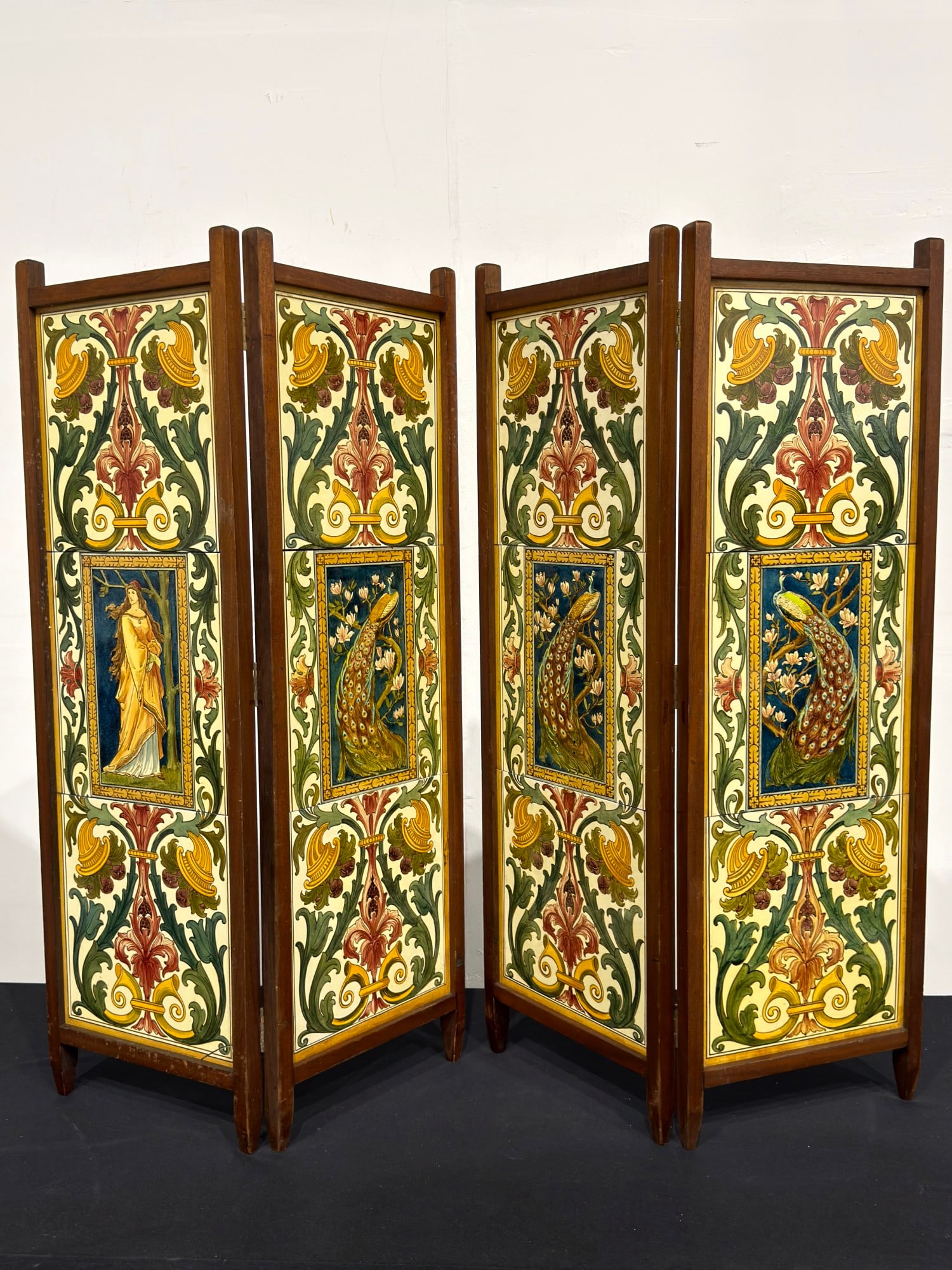 Pair of Framed Doulton Peacock and Maiden Bifold Tile Panel Screens (1 of 7)