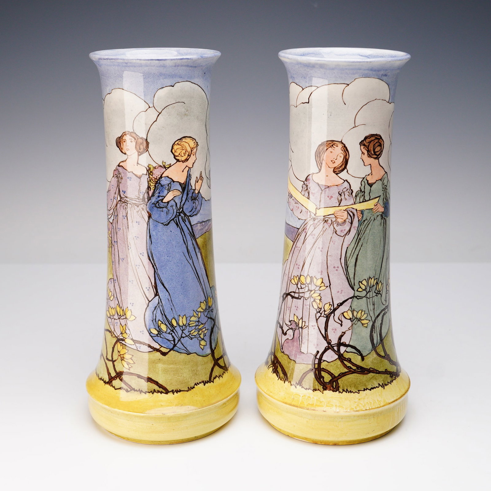 Pair of Doulton Lambeth Margaret Thompson Faience Maidens Vases (1 of 6)