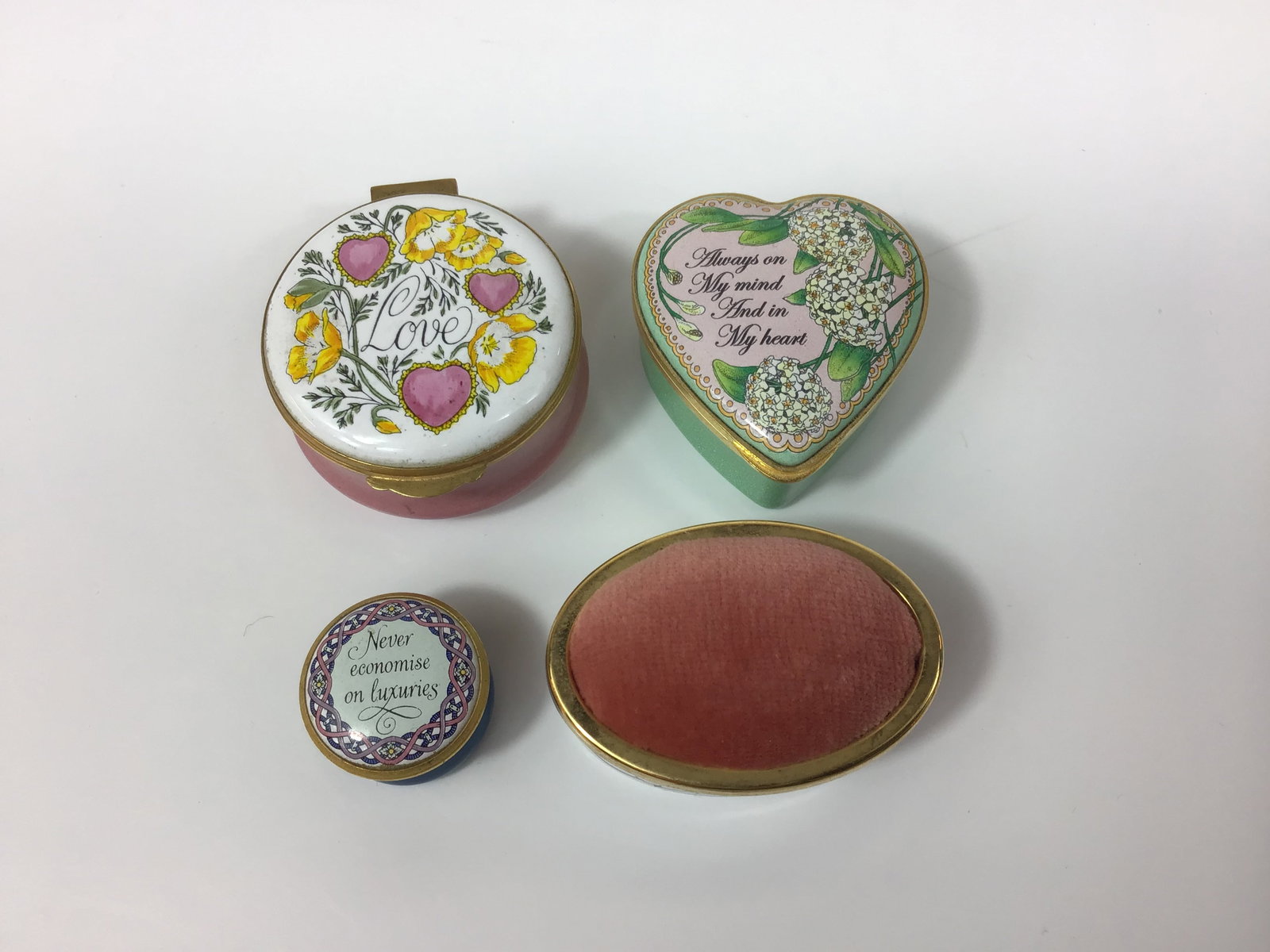 Set of Four Halcyon Days, Crummles, and Staffordshire Enamel Trinket Boxes and Pin Cushion (1 of 3)