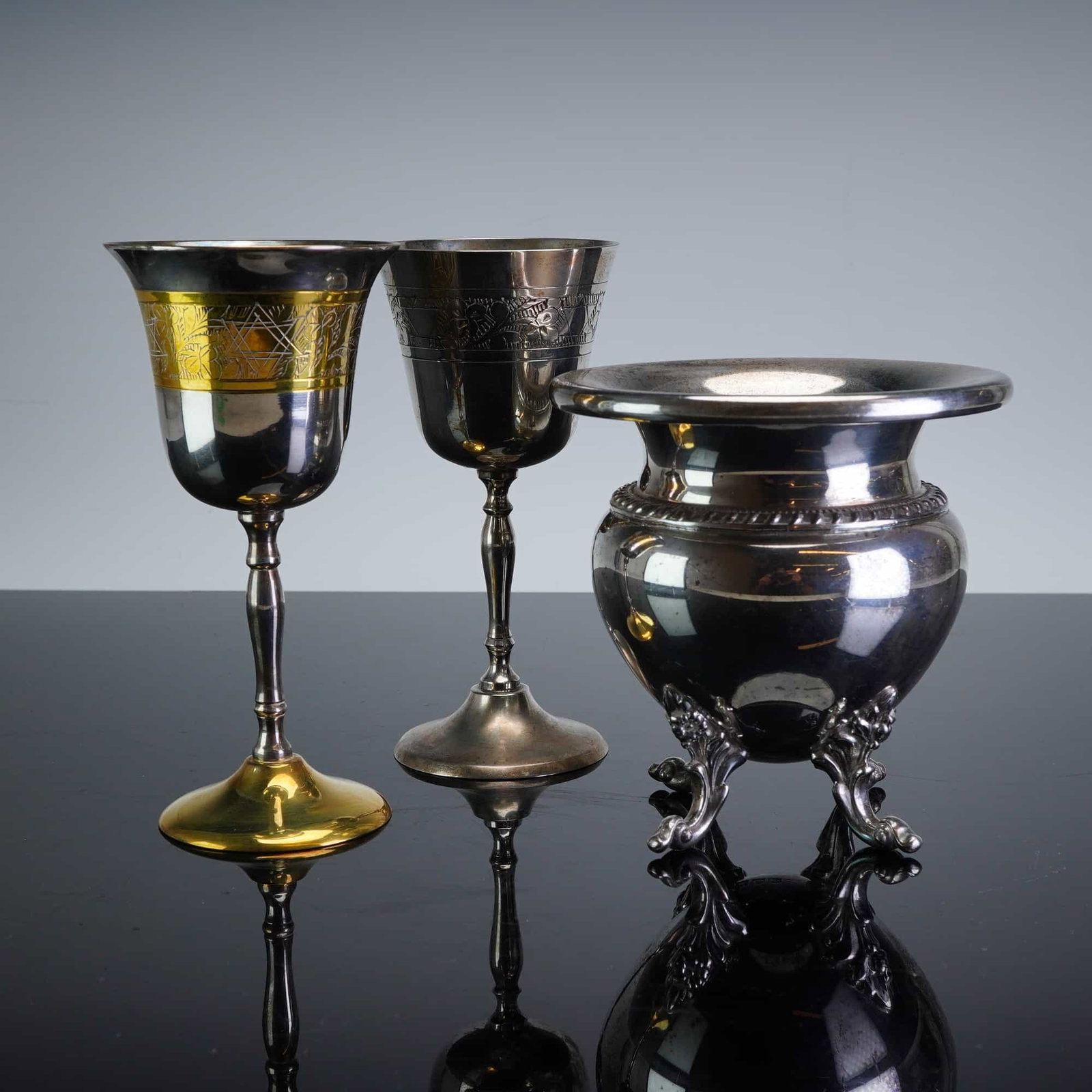A 3pc Silver-Plated Lot Comprising Two Kiddush Cups and One Footed Bowl (1 of 3)