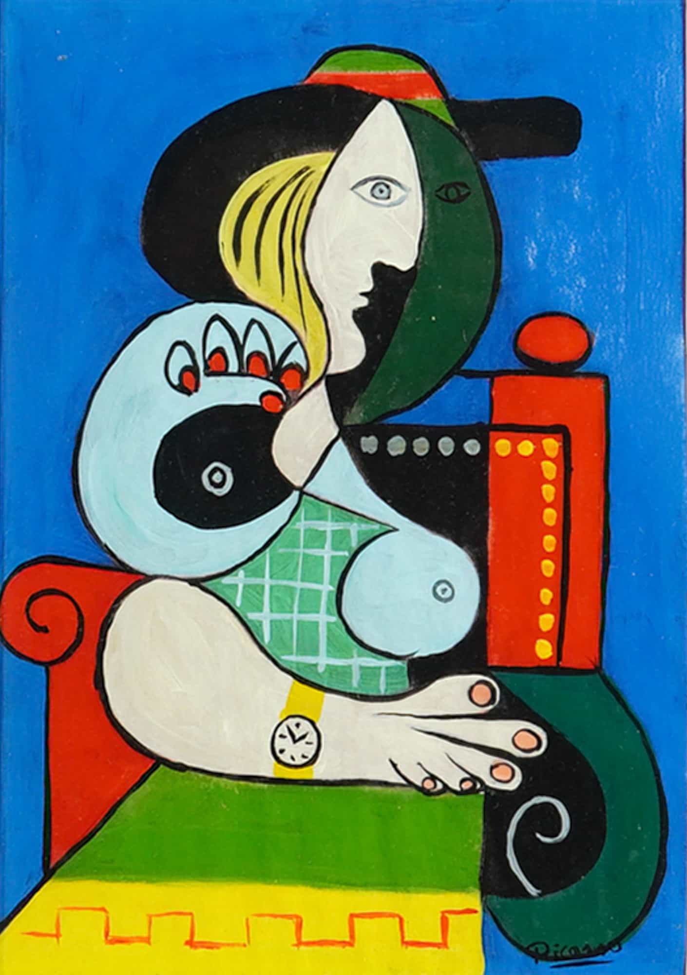 After Pablo Picasso (Spanish, 1881-1973) Framed Oil on Paper, Signed: This original oil on paper artwork is executed after Pablo Picasso's 1932 painting Femme a la Montre (Woman with a Watch). The cubist-style portrait depicts a woman with a wristwatch, rendered in a vi