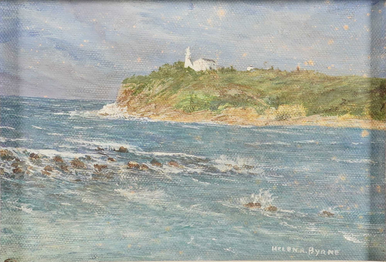 Helena Byrne (American, 20th-21st Century) Oil on Canvas, Signed: This original Impressionist oil on canvas by Helena Byrne depicts a coastal seascape featuring a white lighthouse atop a verdant cliff. The representational composition shows a blue, turbulent sea wit