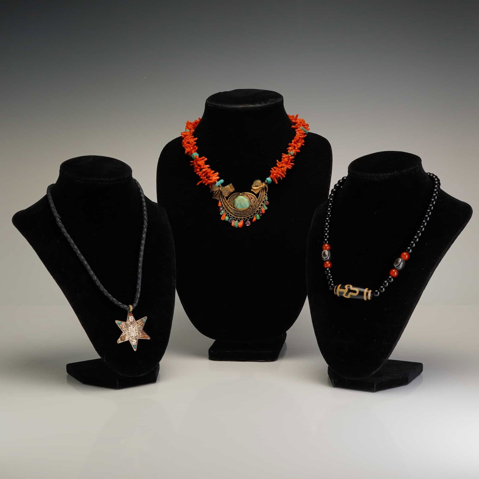 3pc Tribal-Inspired Pendant Necklaces with Coral Beads, Brass, and Agate (1 of 3)