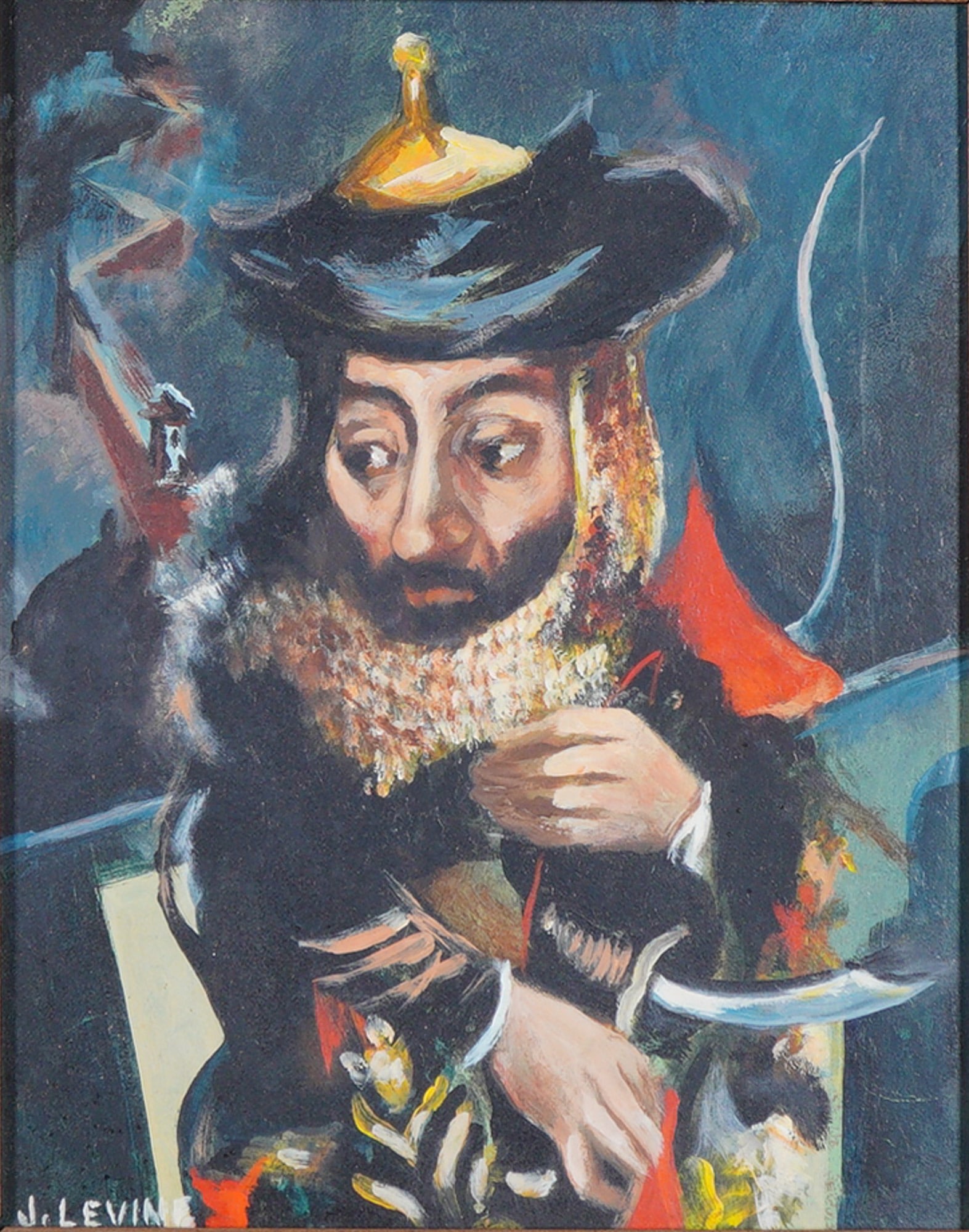 After Jack Levine, Oil on Board, King Saul Color Study, Signed: This expressive portrait of King Saul, adapted from the original study in the artist's Teachers and Kings series, circa 1948. Executed in a style bridging Social Realism and Expressionism, the work fe