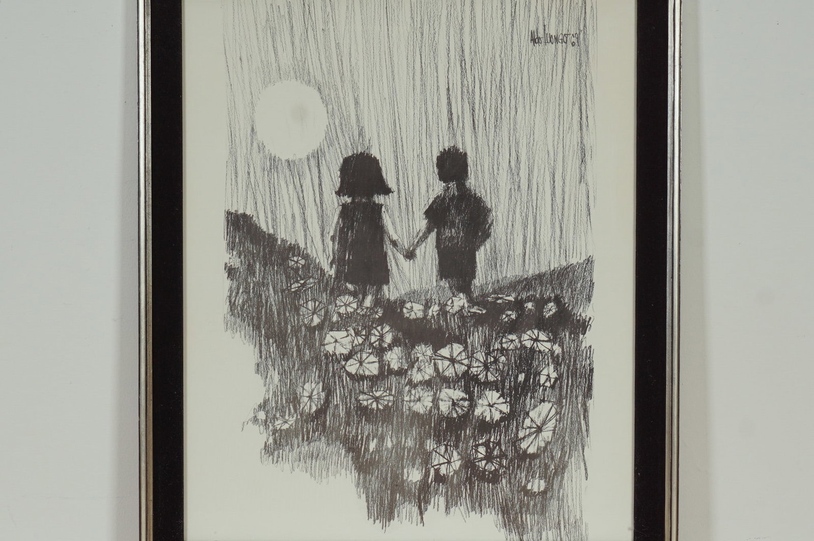 Aldo Luongo, Lithograph on Paper, Holding Hands: A captivating lithograph on paper by Aldo Luongo titled Holding Hands, featuring two silhouetted children standing amid a field of flowers beneath a glowing moon. Rendered in expressive monochrome str