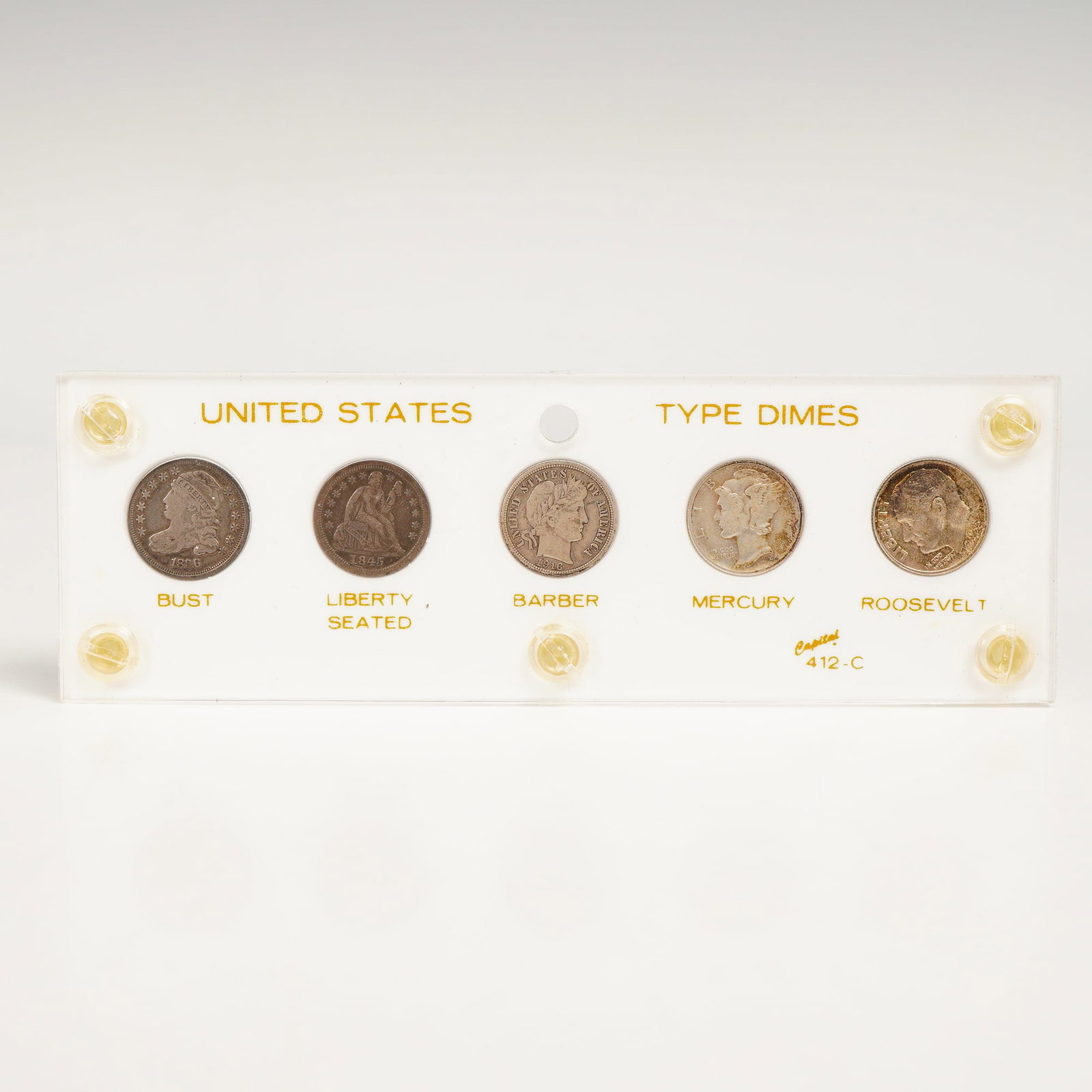1836-1952 United States Type Dimes Set: Presents five United States dime types arranged to illustrate the chronological progression of national coinage design. It comprises an 1836 Capped Bust dime, an 1845 Liberty Seated dime, a 1916 Barbe