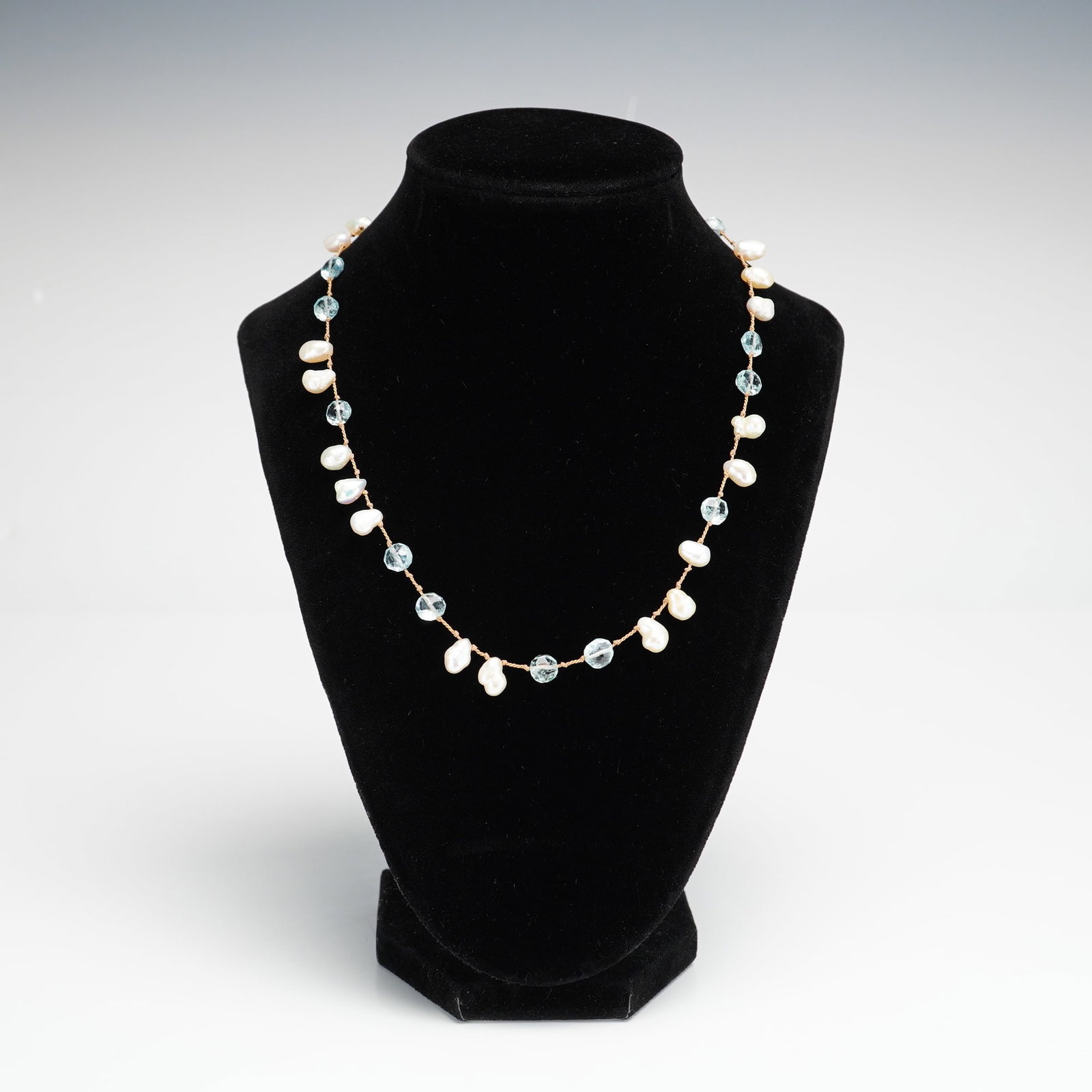 Sterling Silver Baroque Pearl and Faceted Aquamarine Station Necklace (1 of 4)