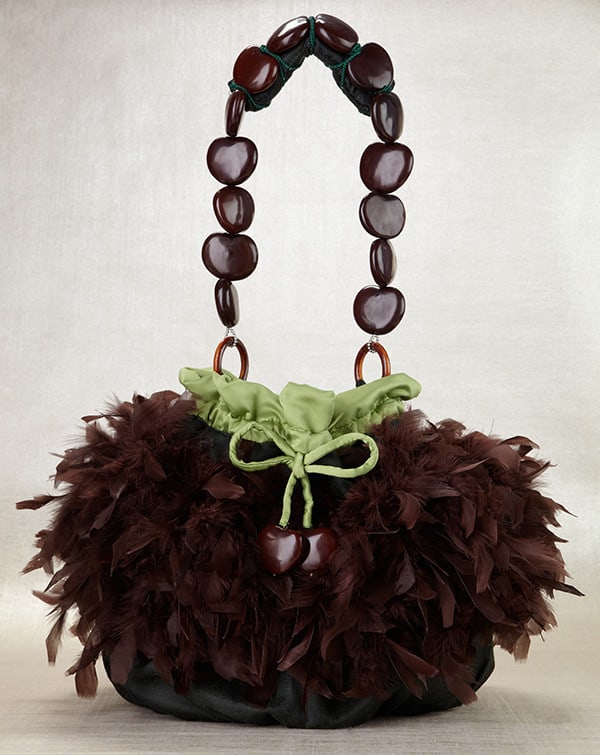 Irene Marie Angel Bag, Stephi Precious Grande: One-of-a-kind, unique creation, couture two tone green draw string precious handbag with brown chandelle feathers and large tawa seed handle. Lining Lime green satin rayon. Handle Brown 55mm x 55mm ta