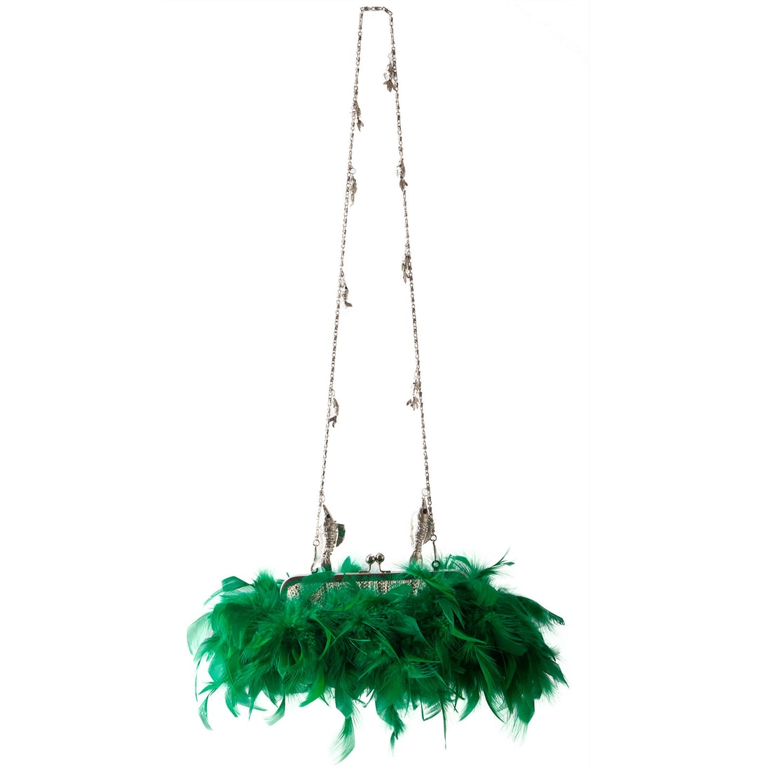 Irene Marie Angel Bag, Jenn Fashion Petite Evening: One-of-a-kind, unique creation, a couture silver lurex cable knit Fashion evening bag with emerald green Chandelle feathers. Lined in Creme satin rayon with a silver-tone metal shoulder link chain. De