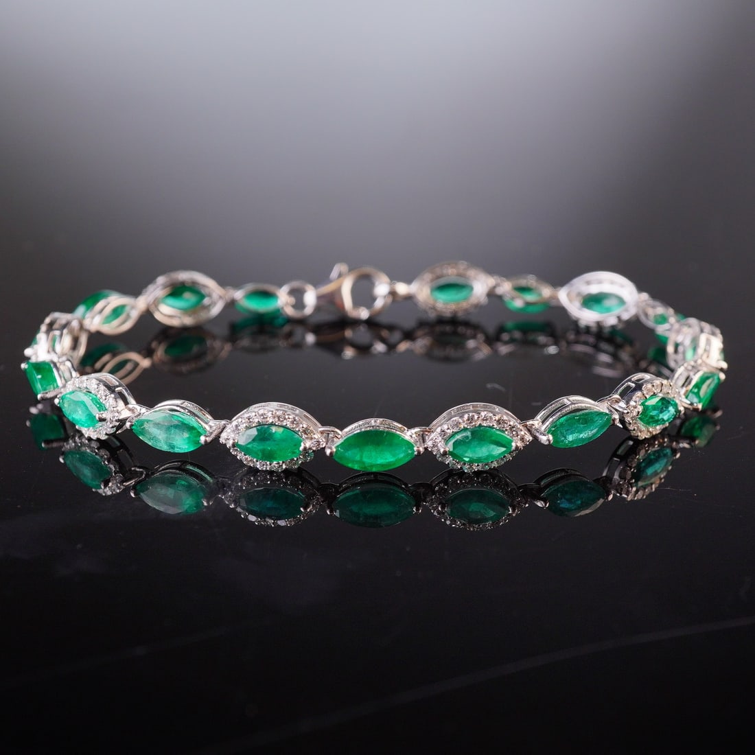 18K White Gold 6.50ctw Marquise Cut Emerald and 1.15ctw Diamond Bracelet (1 of 5)