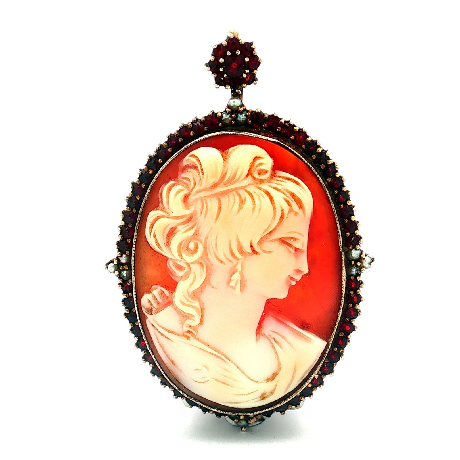 Antique Bohemian Vermeil Over 900 Silver Garnet and Pearls Cameo Brooch (1 of 5)