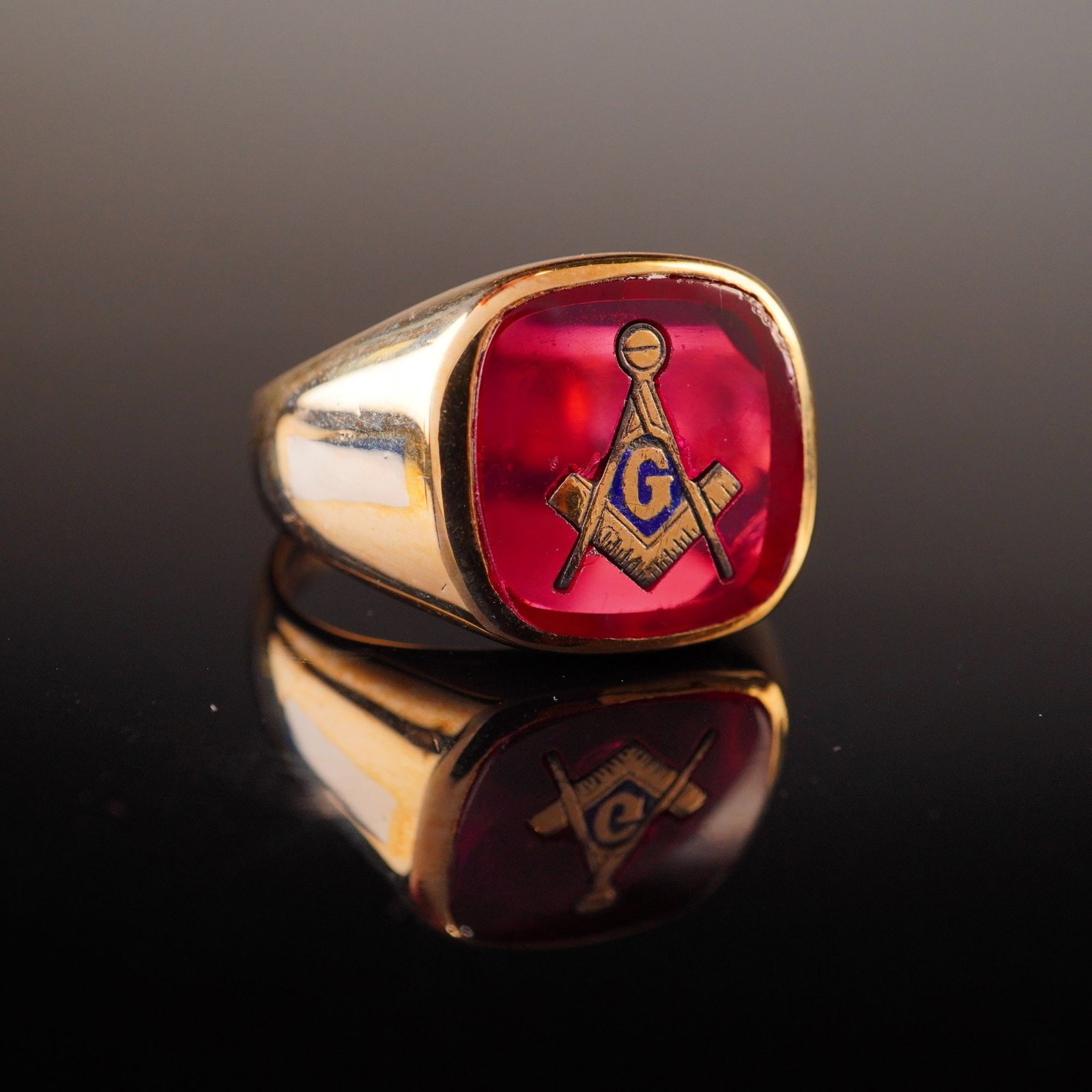 10K Yellow Gold Masonic Signet Ring with Synthetic Ruby by Mecca (1 of 4)
