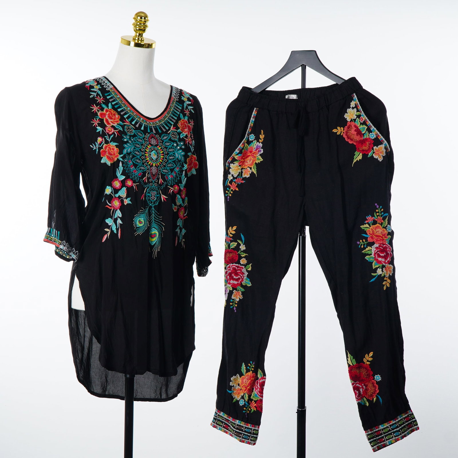 Johnny Was and JW Los Angeles Two Piece Floral Embroidered Tunic and Pants Ensemble Size S: This two piece ensemble includes a tunic top and matching pull on pants crafted from a black lightweight woven rayon fabric. The set features multicolored floral and geometric embroidery in shades of 