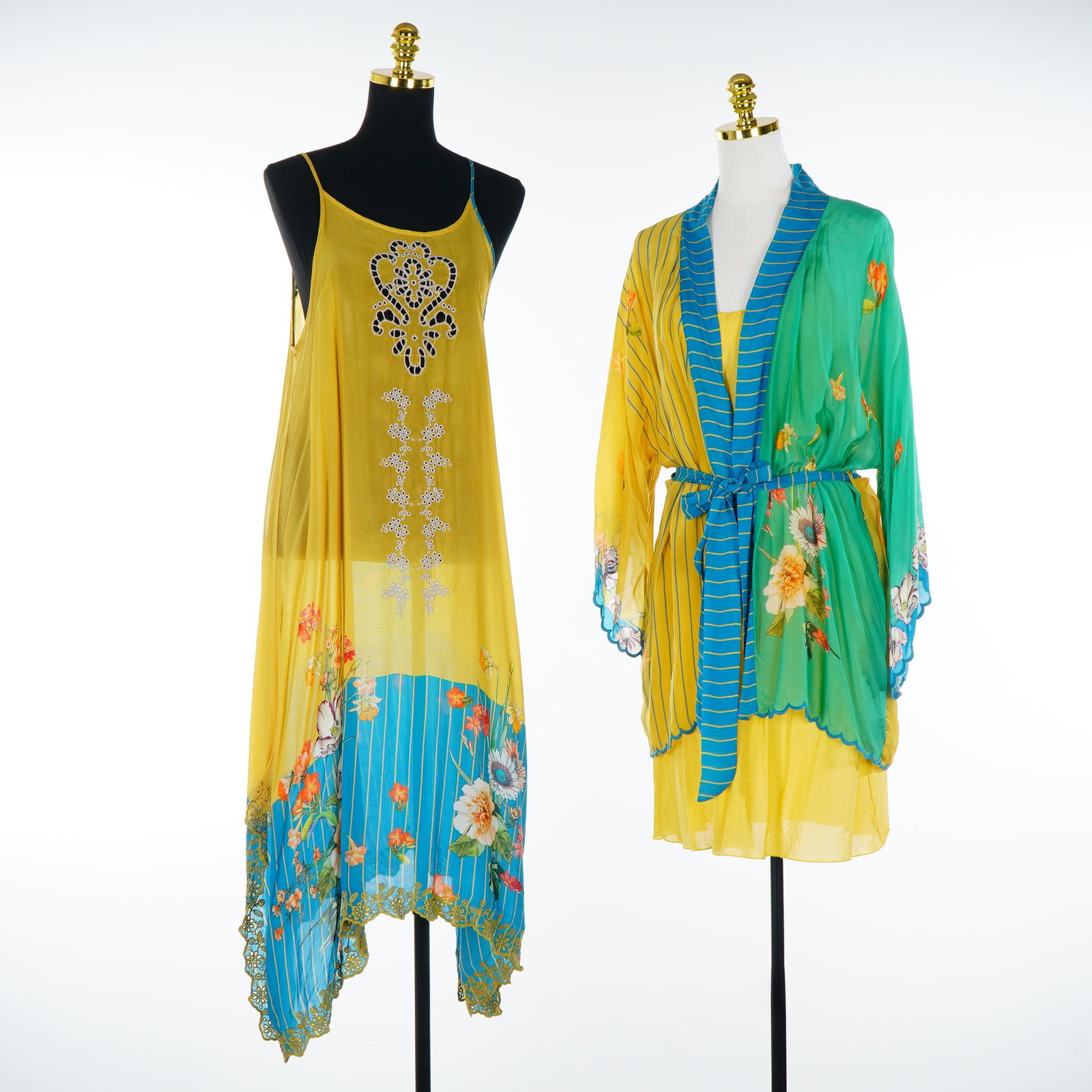 A 3-Piece Johnny Was Bohemian Style Ensemble Including Melody Dress and Ariana Kimono: This three-piece designer ensemble from Johnny Was features the Melody midi dress and the Ariana kimono with an included under dress. The Melody dress is a yellow sleeveless slip-style garment constru