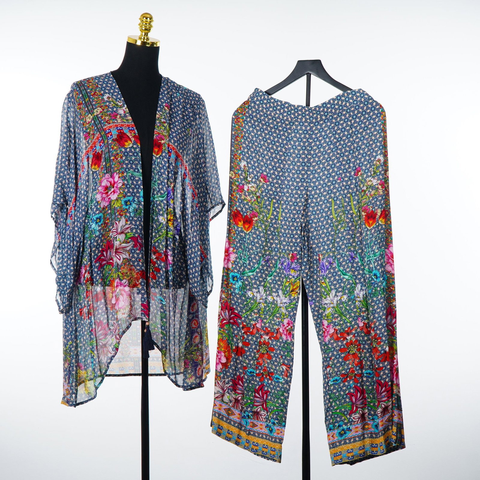 Johnny Was California Two Piece Bohemian Style Floral Print Kimono and Pants Ensemble (1 of 4)