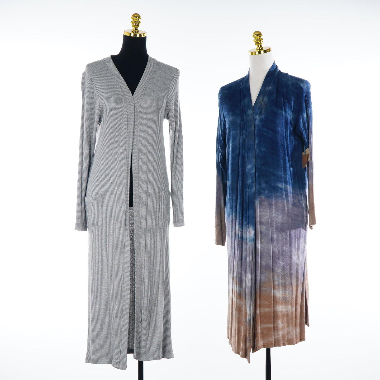 Two River + Sky Tie-Dye and Elan Gray Duster Cardigans: This lot consists of two contemporary women's long-line duster cardigans from the brands River + Sky and Elan. The first item is a River + Sky open-front cardigan featuring a multi-color tie-dye patte