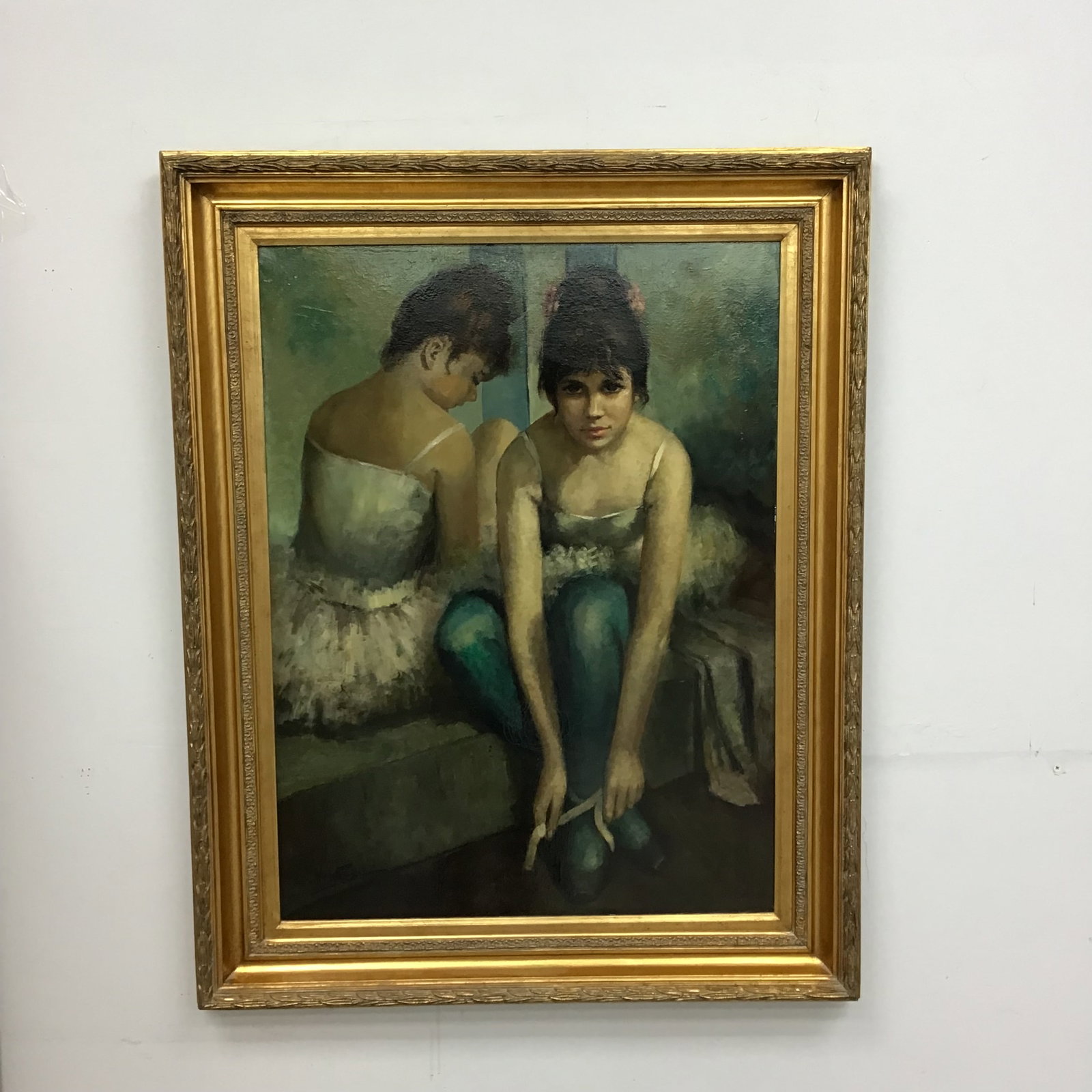 Carmen Ventosa (Spanish, 1919-1965), Ballerinas, Oil on Canvas (Signed): Carmen Ventosa (Spanish, 1919"1965). This oil on canvas painting depicts two ballerinas in a moment of repose, one facing the viewer and the other shown from the back, both clad in white tutus and blu