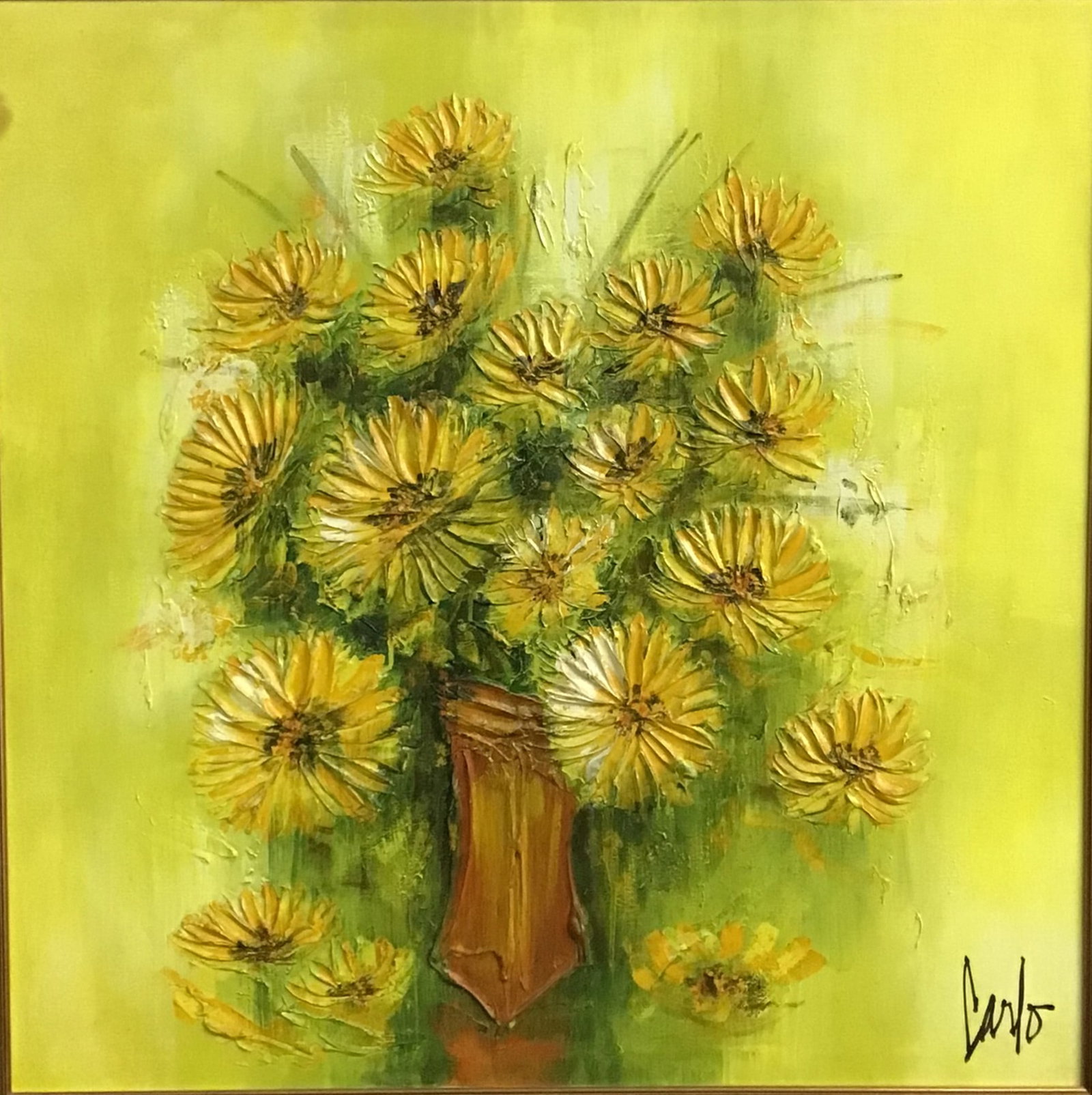Carlo of Hollywood, Oil on Canvas, Still Life of Flowers, Signed: This mid-century expressionist still life is attributed to Carlo of Hollywood and executed in oil on stretched canvas. The work depicts a lush bouquet of yellow flowers in a tapered brown vase, set ag
